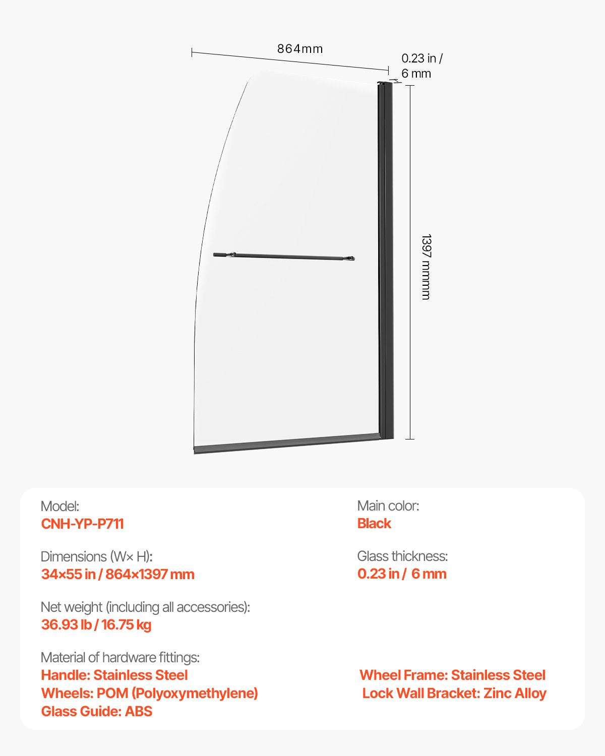 PFYGM34W58HIEJRITV0 VEVOR Frameless Bathtub Shower Door 34 in. W x 55 in. H 180° Rotatable Door