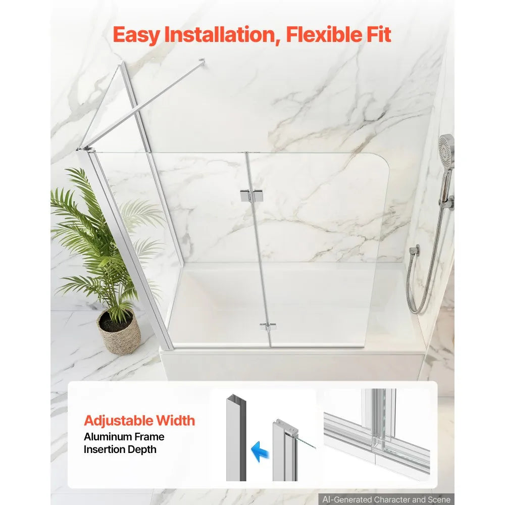Semi-Frameless Bi-Fold Bathtub Shower Door 47" x 55" | 1/4" Tempered Glass with Nano Coating, Silver Finish