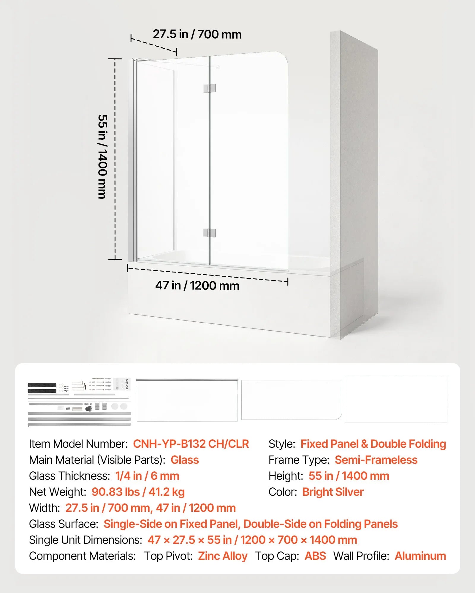 Semi-Frameless Bi-Fold Bathtub Shower Door 47" x 55" | 1/4" Tempered Glass with Nano Coating, Silver Finish