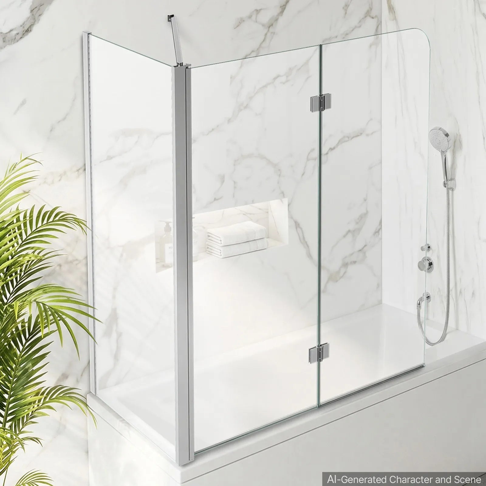 Semi-Frameless Bi-Fold Bathtub Shower Door 47" x 55" | 1/4" Tempered Glass with Nano Coating, Silver Finish