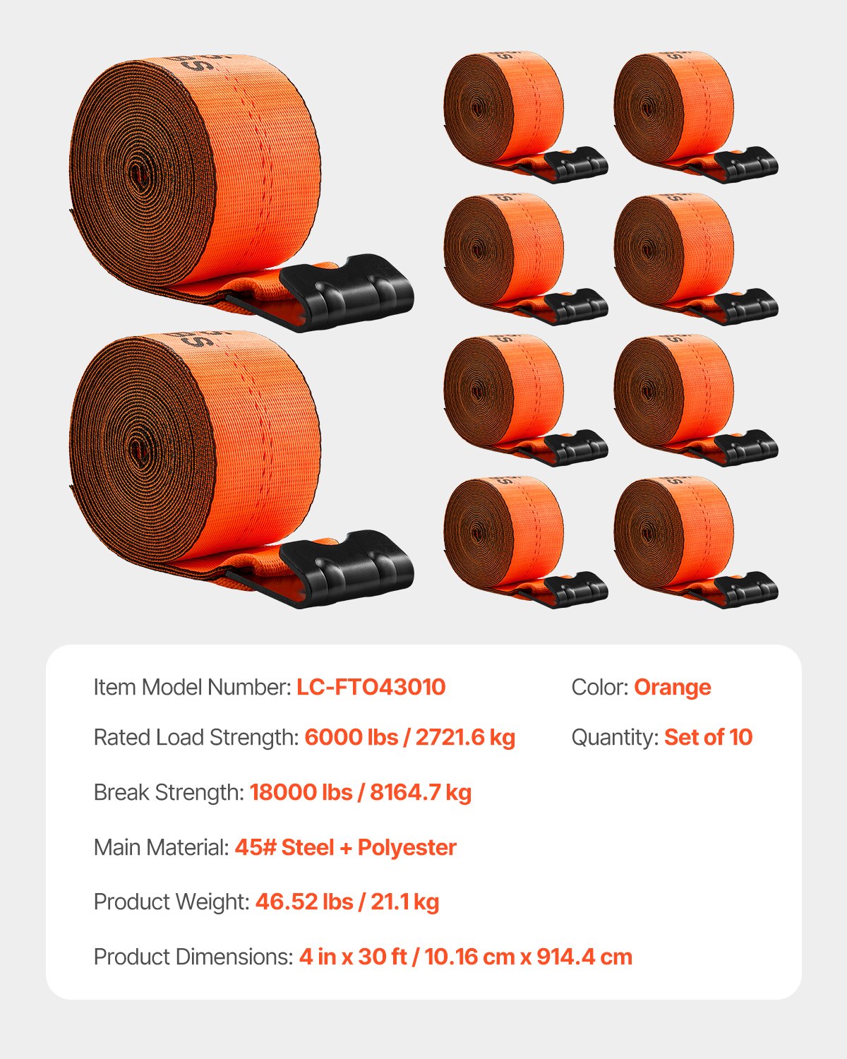 VEVOR Winch Straps Truck Straps 4 in x 30 ft with Flat Hook for Towing 10 Pack