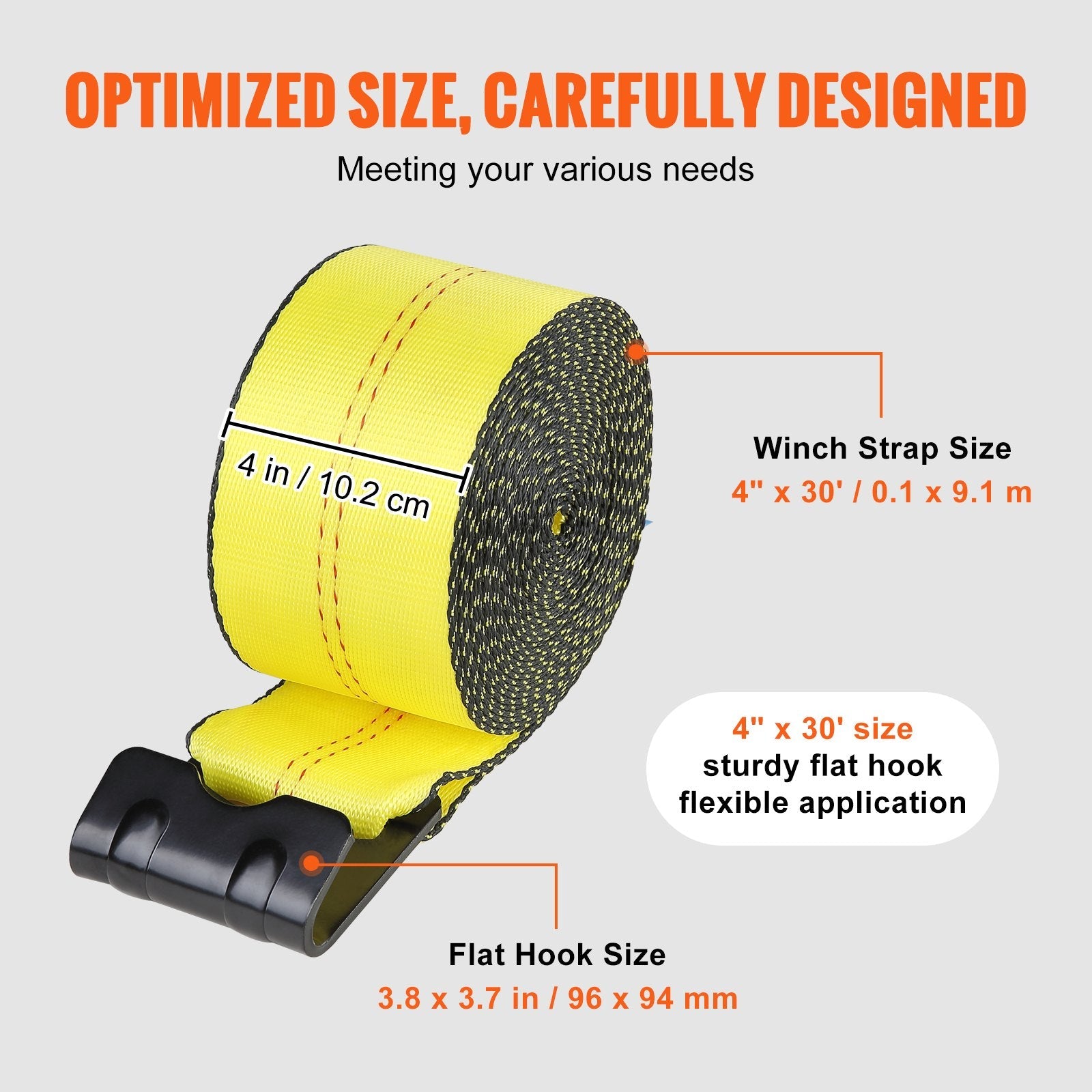 VEVOR Winch Straps, 4" x 30', 6000 lbs Load Capacity, 18000 lbs Break Strength, Truck Straps with Flat Hook, Flatbed Tie Downs Cargo Control for Trailers, Farms, Rescues, Tree Saver, Yellow (10 Pack)