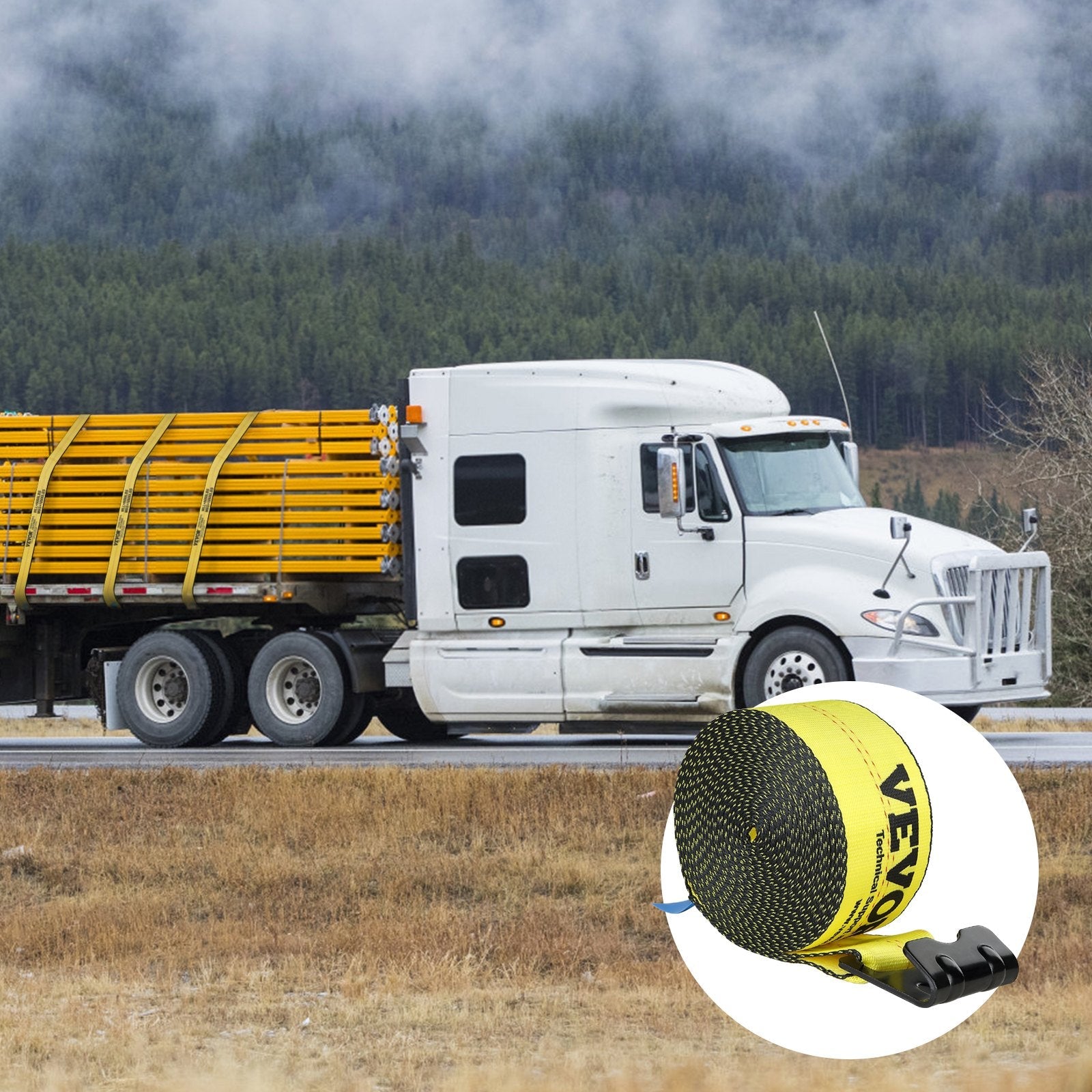 VEVOR Winch Straps, 4" x 30', 6000 lbs Load Capacity, 18000 lbs Break Strength, Truck Straps with Flat Hook, Flatbed Tie Downs Cargo Control for Trailers, Farms, Rescues, Tree Saver, Yellow (10 Pack)