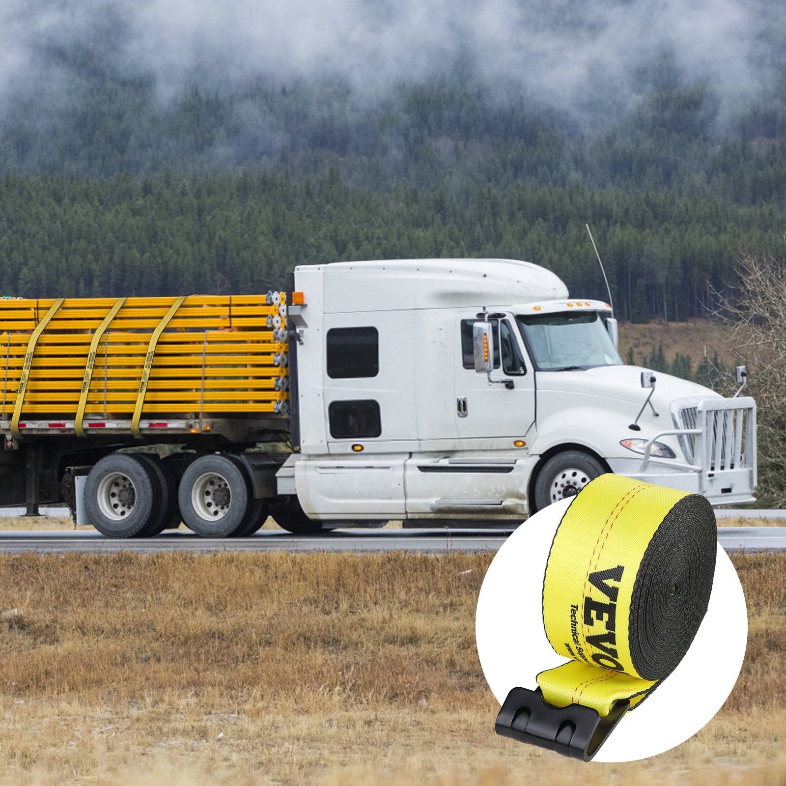 VEVOR Winch Straps, 4" x 40', 6000 lbs Load Capacity, 18000 lbs Break Strength, Truck Straps with Flat Hook, Flatbed Tie Downs Cargo Control for Trailers, Farms, Rescues, Tree Saver, Yellow (10 Pack)