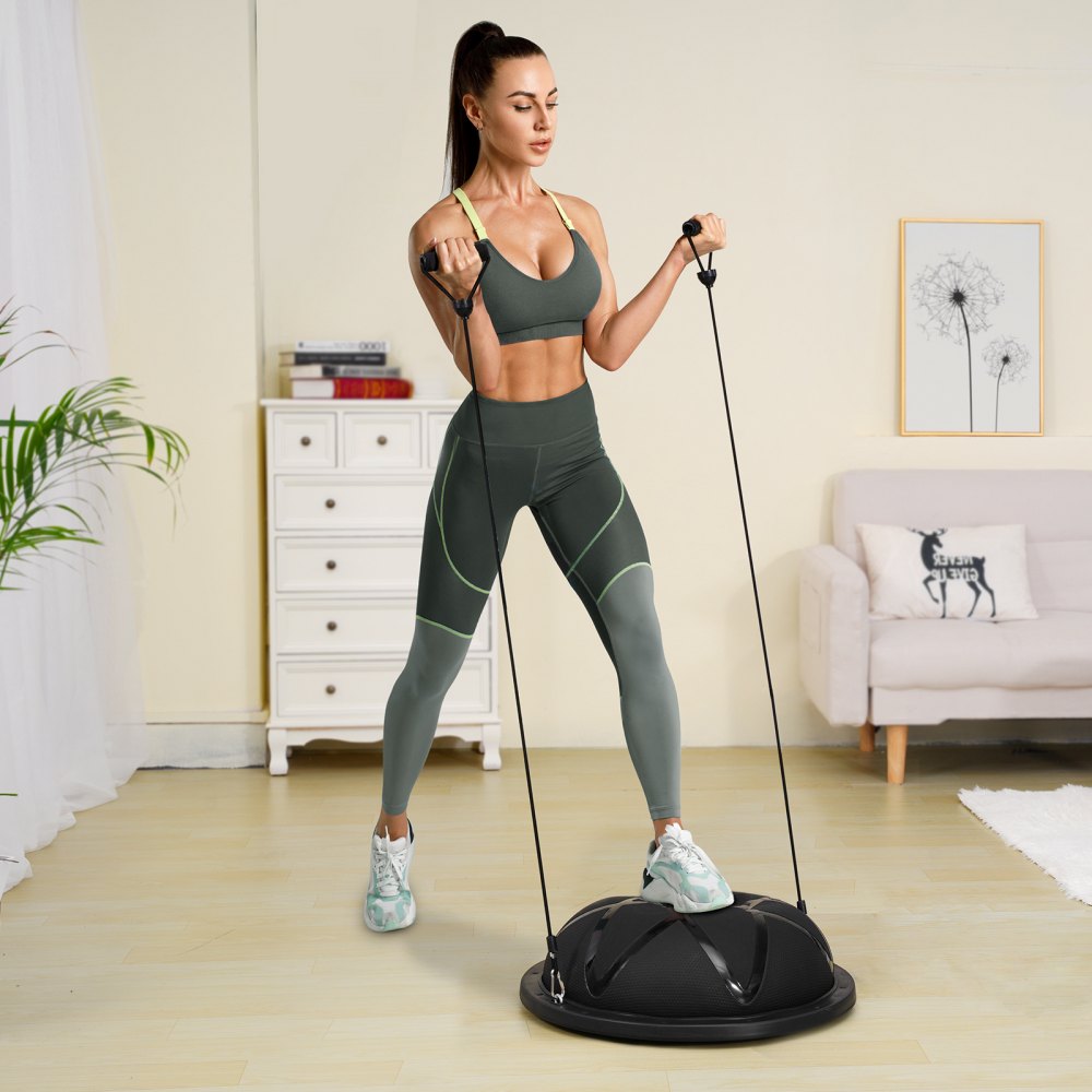 VEVOR Half Exercise Ball Trainer, 23 inch Balance Ball Trainer, 660 lbs Capacity Stability Ball, Yoga Ball with Resistance Bands and Pump, Strength Fitness Ball for Home Gym, Full Body Workouts, Black