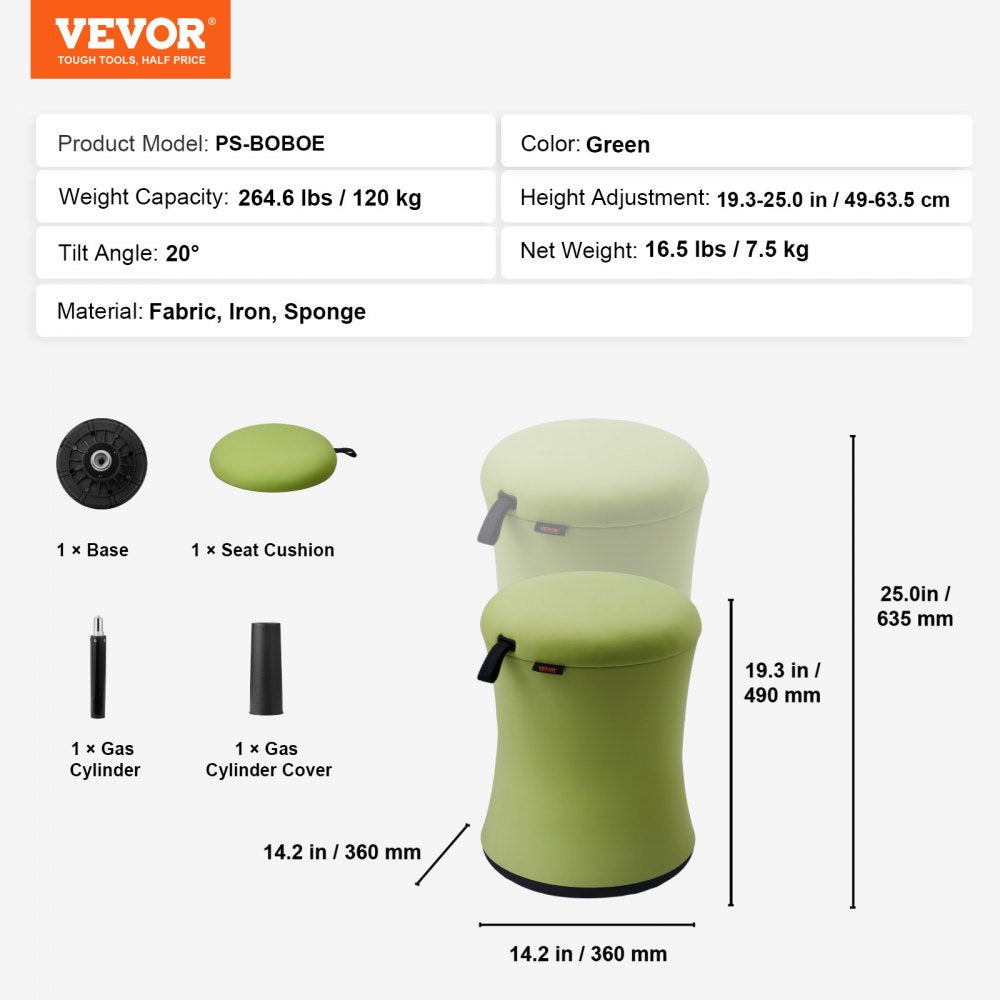 VEVOR Wobble Chair Height-Adjustable (19.3-25") Active Chair with Fabric Cover