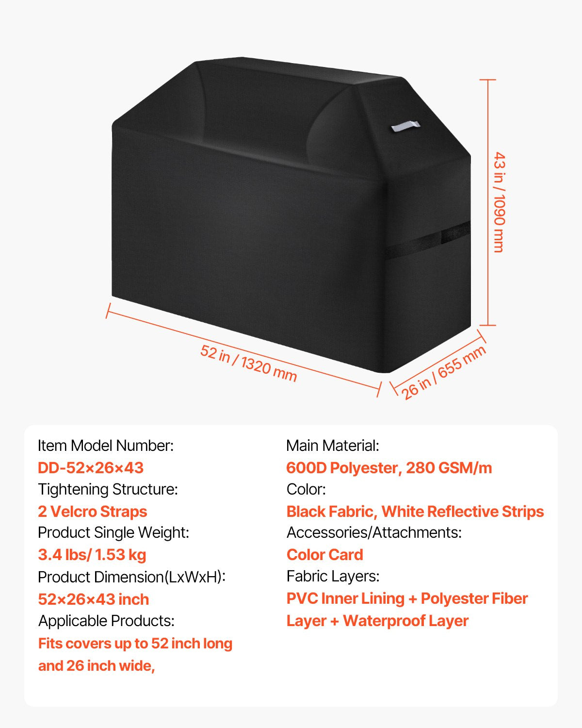 VEVOR 52 inch Grill Cover Heavy Duty BBQ Gas Grill Cover Outdoor Waterproof