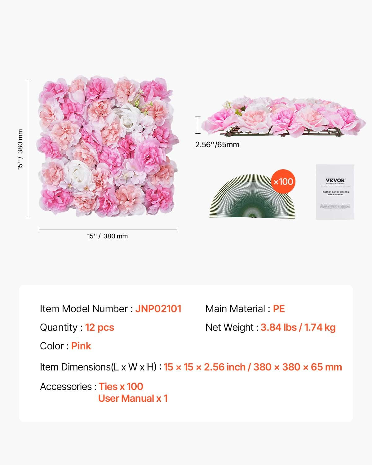 VEVOR 3D Flower Wall Panel 12 PCS 15x15 in Artificial Floral Mat for Wedding