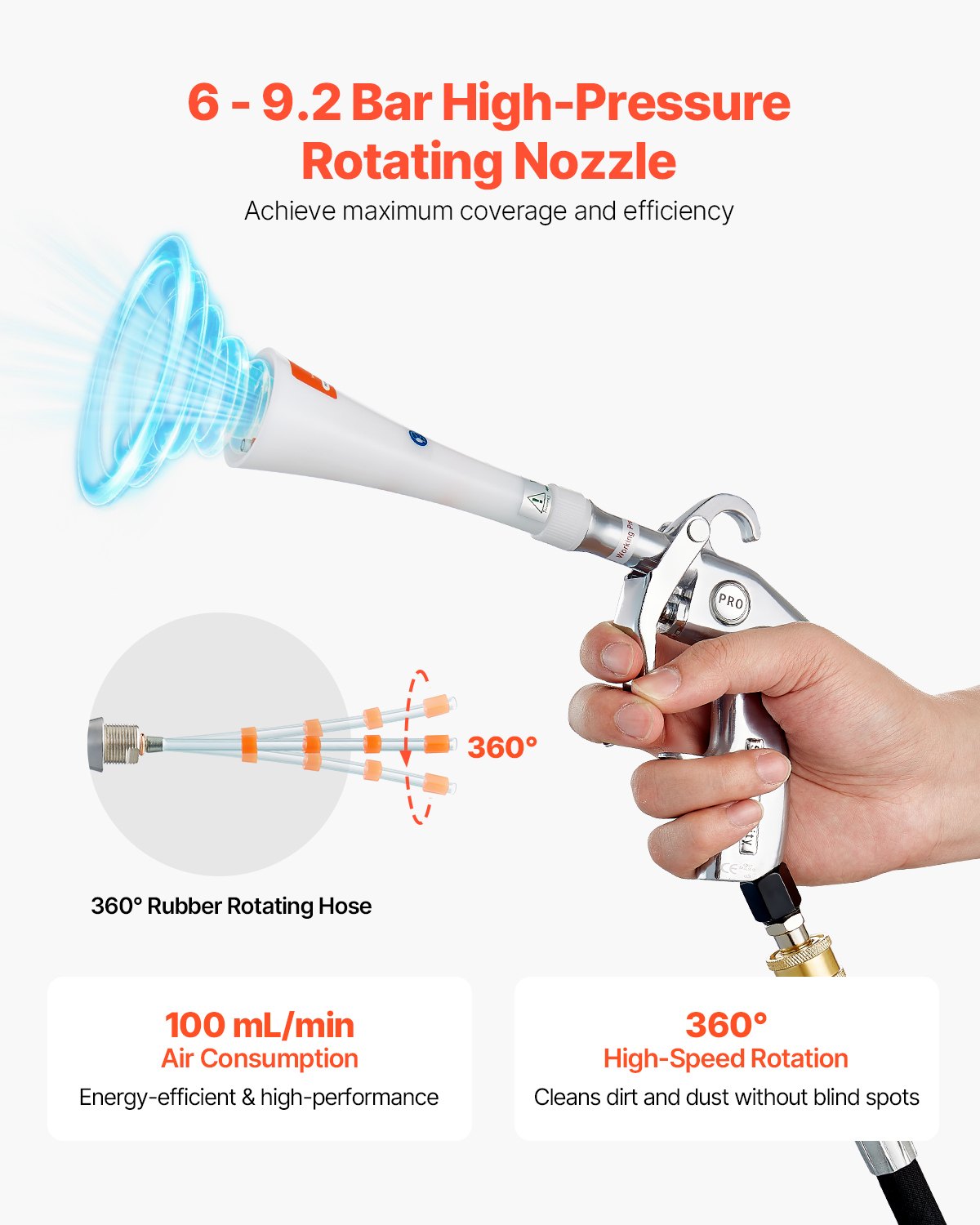 VEVOR Car Cleaning Gun 6-9.2 Bar High-Pressure Air Blow Gun 2 Nozzles Blast Dust
