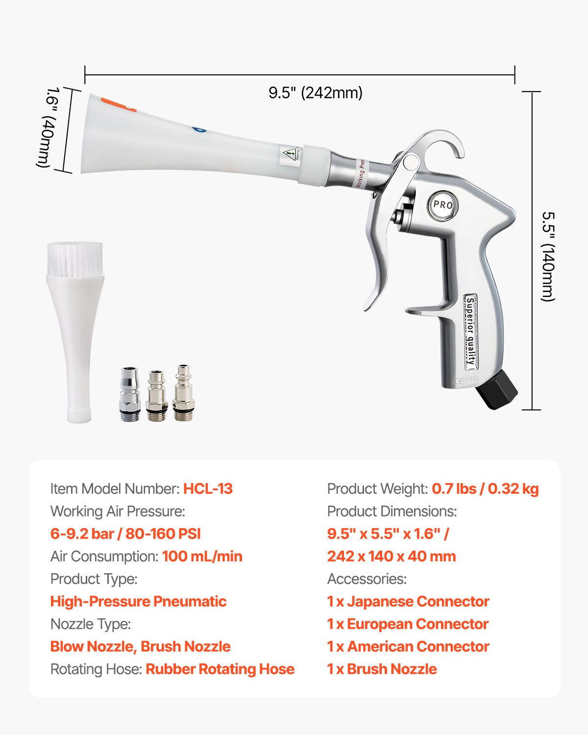 VEVOR Car Cleaning Gun 6-9.2 Bar High-Pressure Air Blow Gun 2 Nozzles Blast Dust
