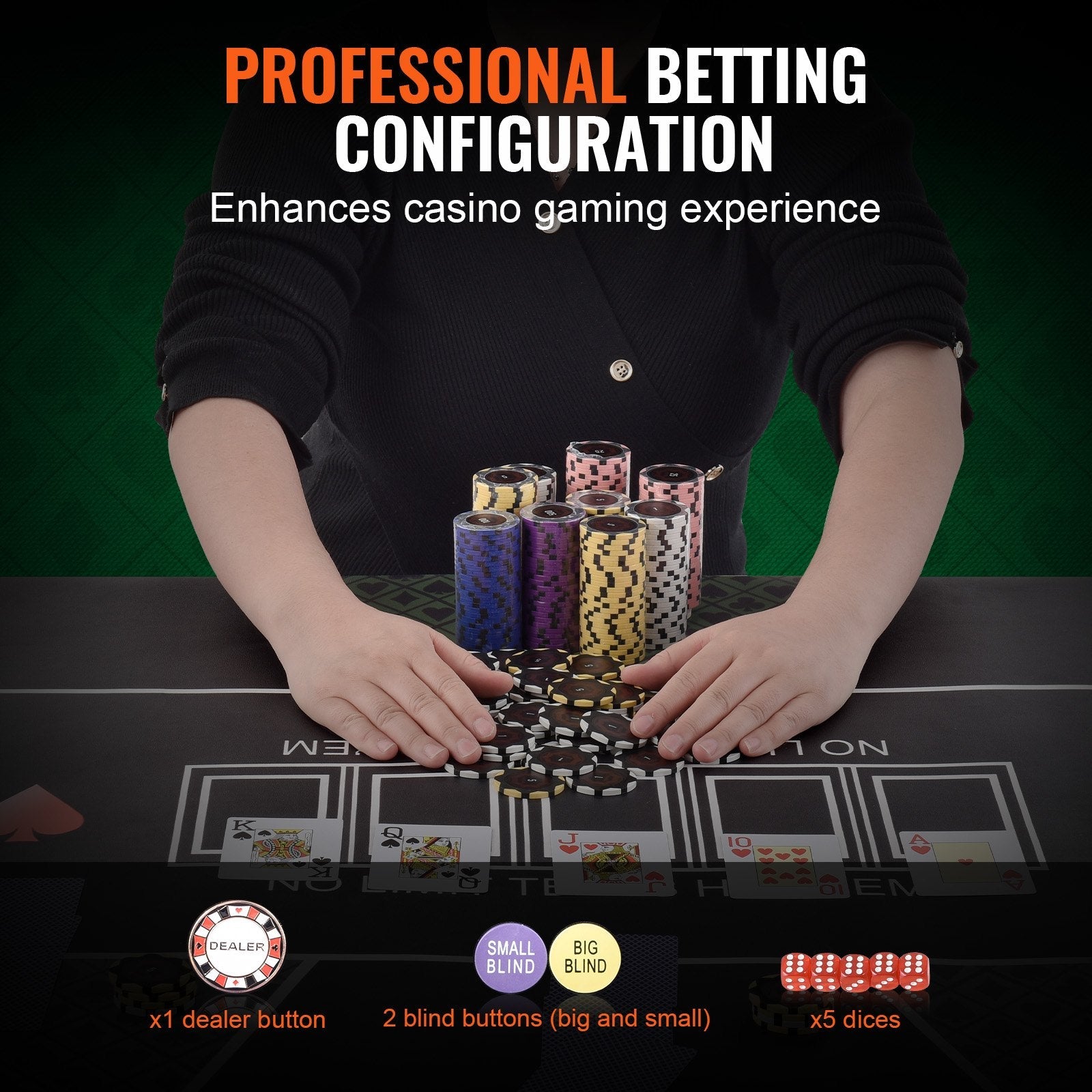 VEVOR Poker Chip Set, 300-Piece Poker Set, Complete Poker Playing Game Set with Carrying Case, Heavyweight 14 Gram Casino Clay Chips, Cards, Buttons and Dices, for Texas Hold'em, Blackjack, Gambling