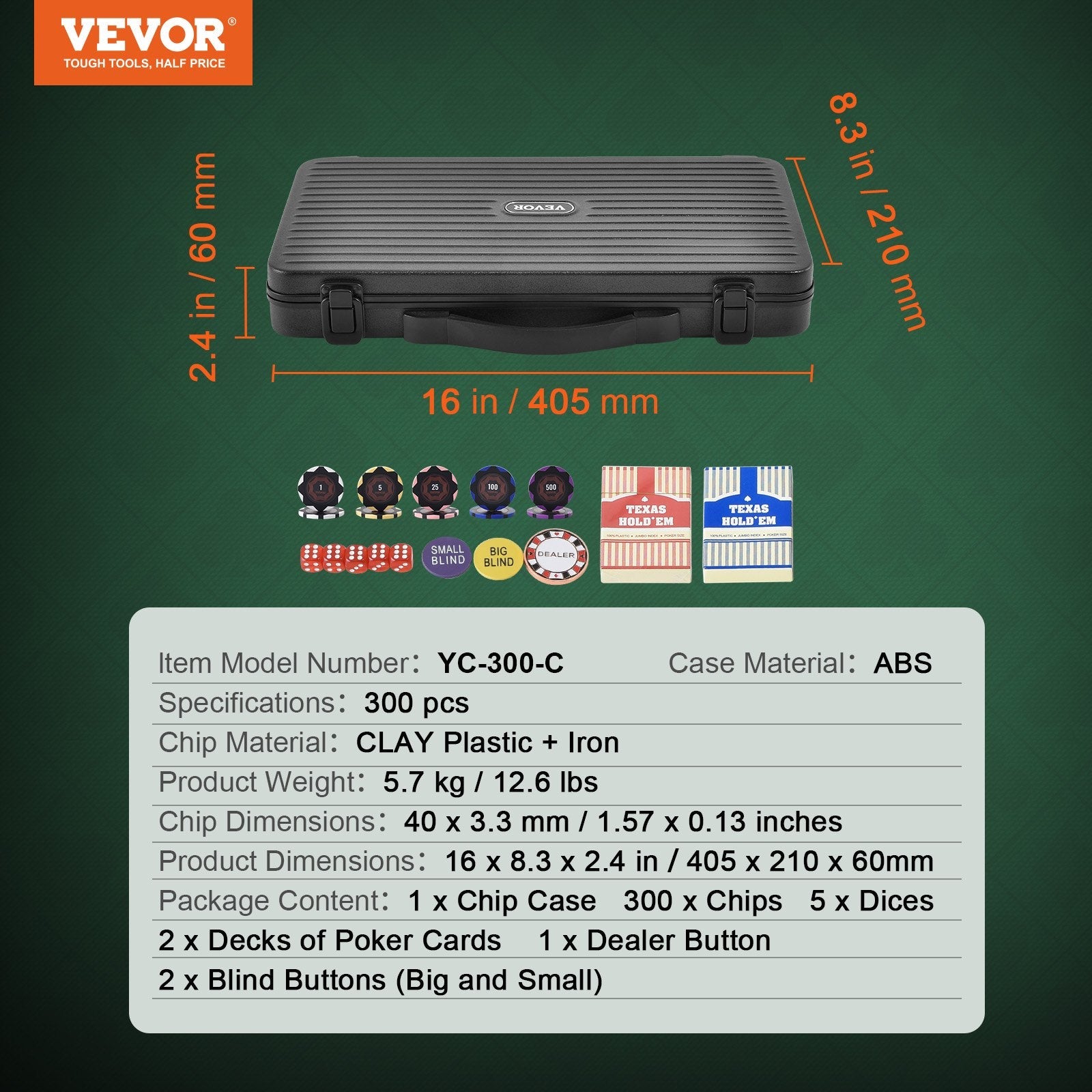 VEVOR Poker Chip Set, 300-Piece Poker Set, Complete Poker Playing Game Set with Carrying Case, Heavyweight 14 Gram Casino Clay Chips, Cards, Buttons and Dices, for Texas Hold'em, Blackjack, Gambling
