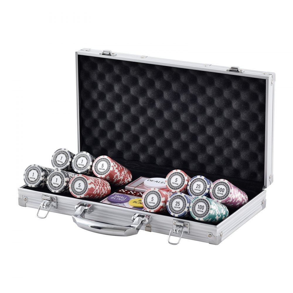 VEVOR Poker Chip Set, 300-Piece Poker Set, Complete Poker Playing Game Set with Aluminum Carrying Case, 11.5 Gram Casino Chips, Cards, Buttons and Dices, for Texas Hold'em, Blackjack, Gambling