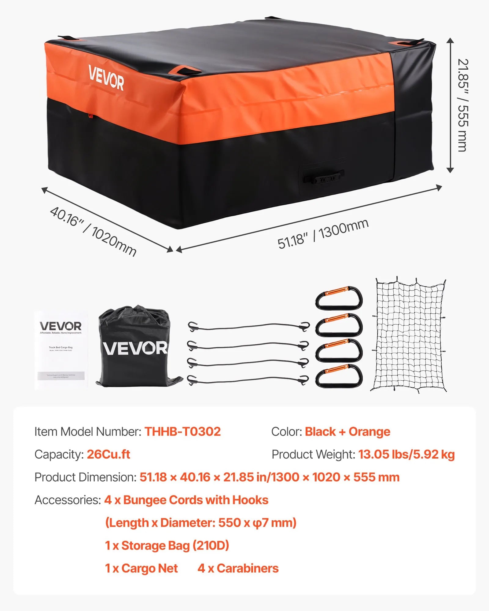 VEVOR Truck Bed Cargo Bag 51.18 x 40.16 x 21.85 in (26 Cu. ft) with Cargo Net