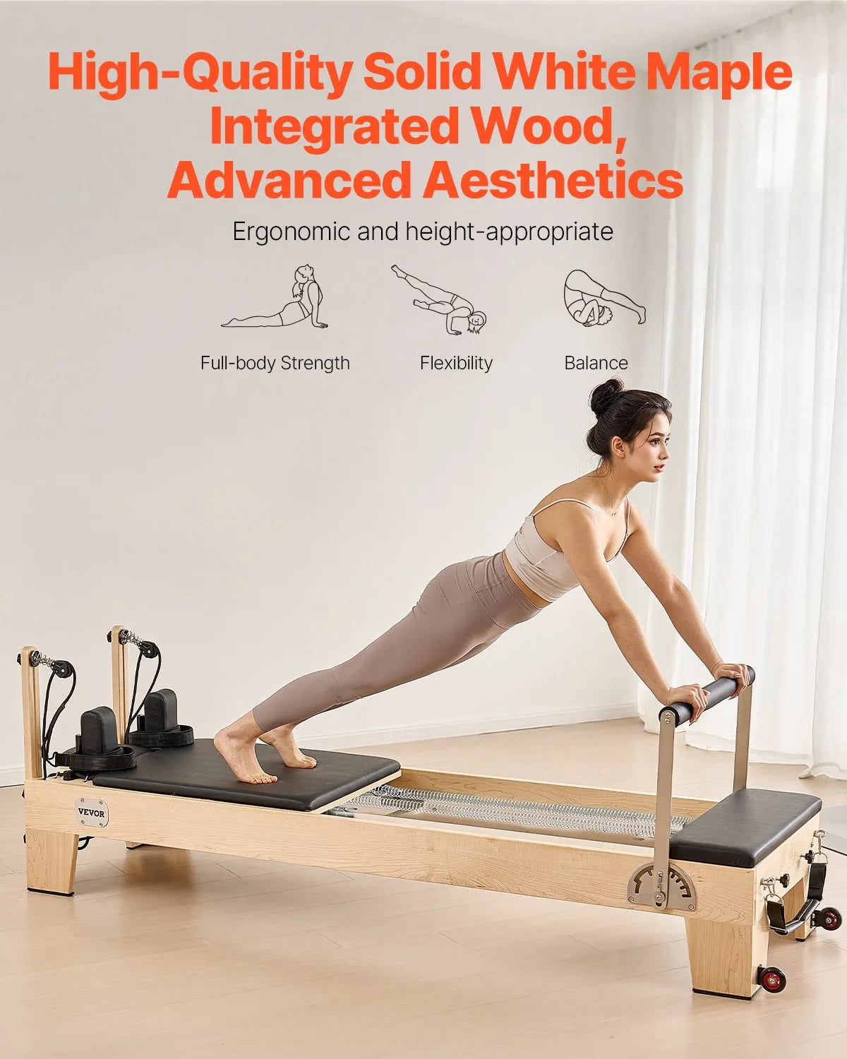 VEVOR Pilates Reformer Machine, Wooden Pilates Workout Equipment for Home Gym Studio Use, Pilates Bed with Dual Resistance- Spring & Cord, Reformer Set with Sitting Box, Up to 400 LBS