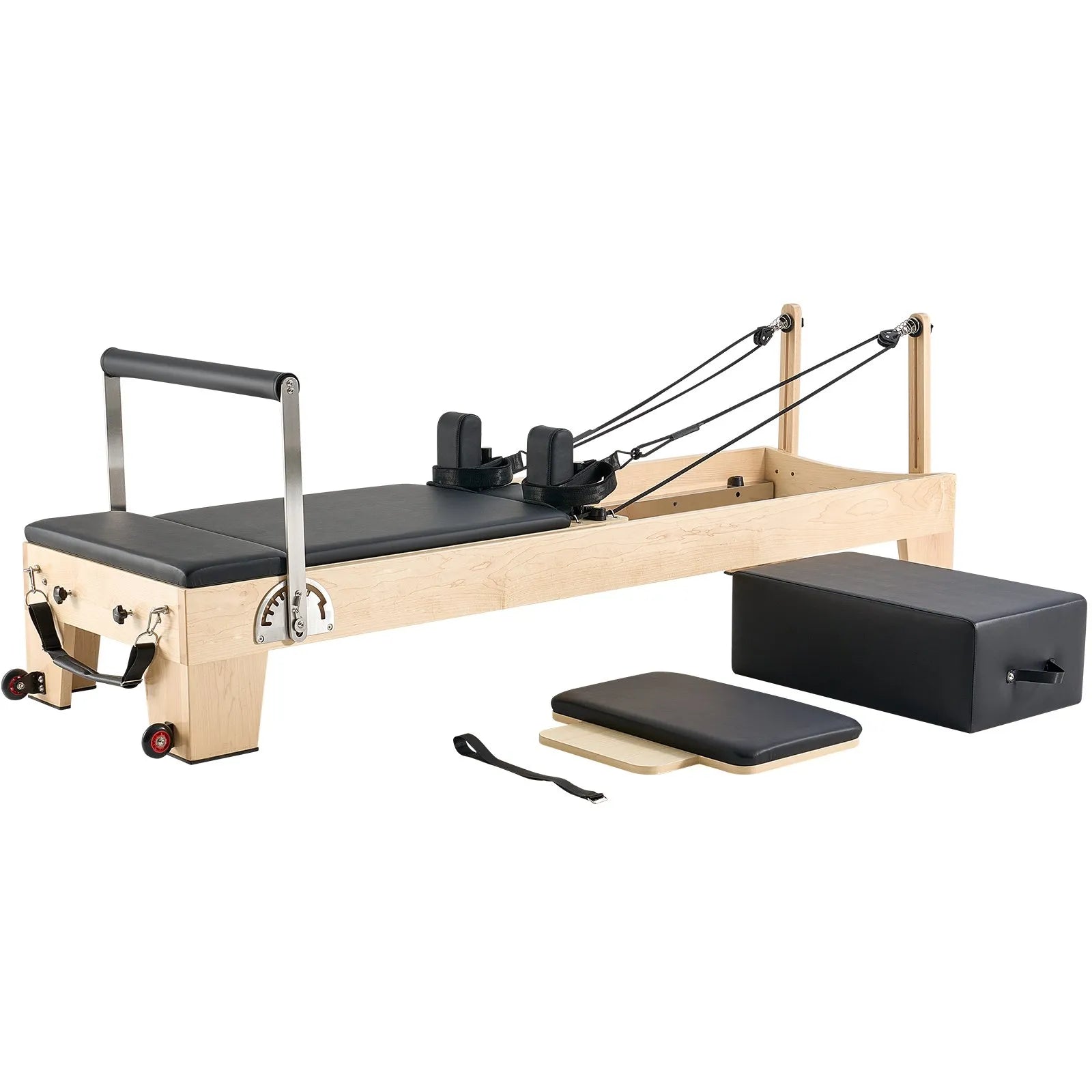 VEVOR Pilates Reformer Machine, Wooden Pilates Workout Equipment for Home Gym Studio Use, Pilates Bed with Dual Resistance- Spring & Cord, Reformer Set with Sitting Box, Up to 400 LBS