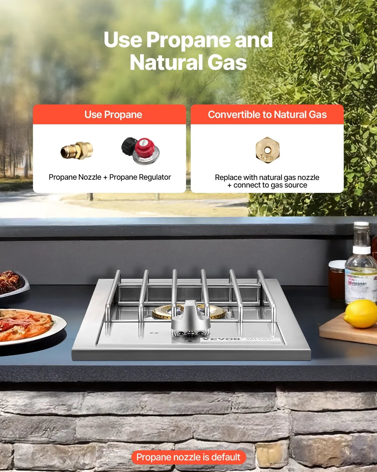 VEVOR Single Grilling Side Burner, 15,000BTU Liquid Propane Side Burner for Outdoor Kitchen, Convertible to Natural Gas, 304 Stainless Steel Built-in Single Grill Burners for BBQ Grill Island