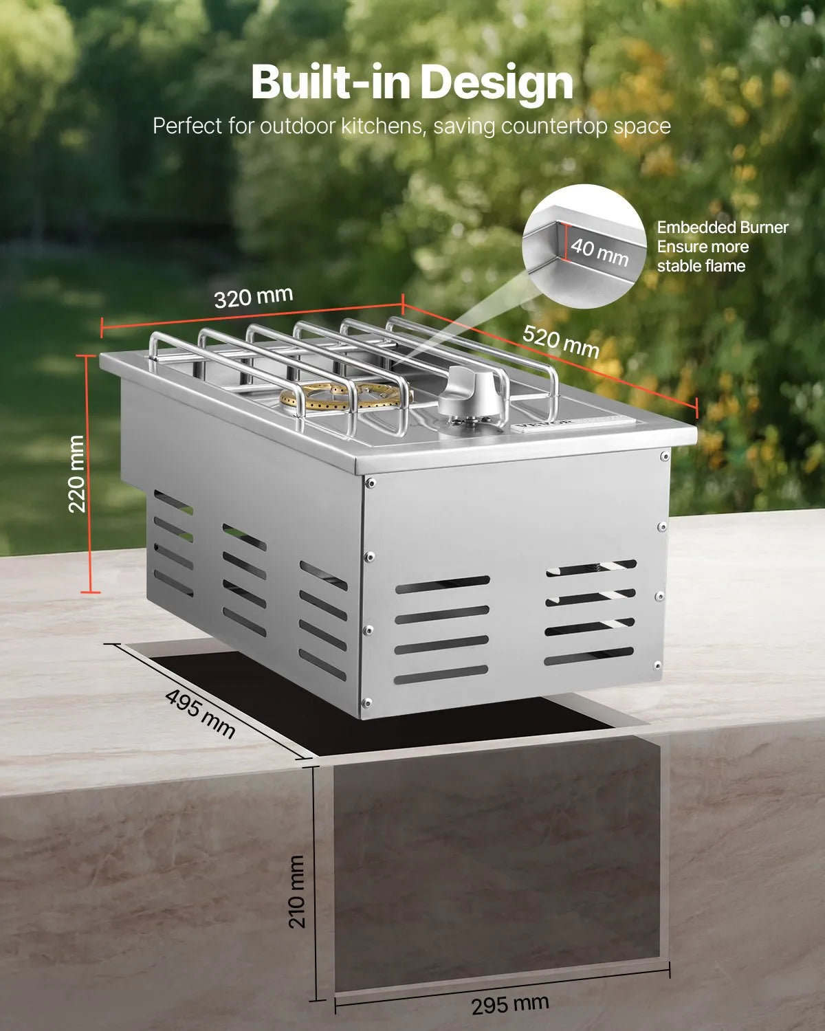 VEVOR Single Grilling Side Burner, 15,000BTU Liquid Propane Side Burner for Outdoor Kitchen, Convertible to Natural Gas, 304 Stainless Steel Built-in Single Grill Burners for BBQ Grill Island