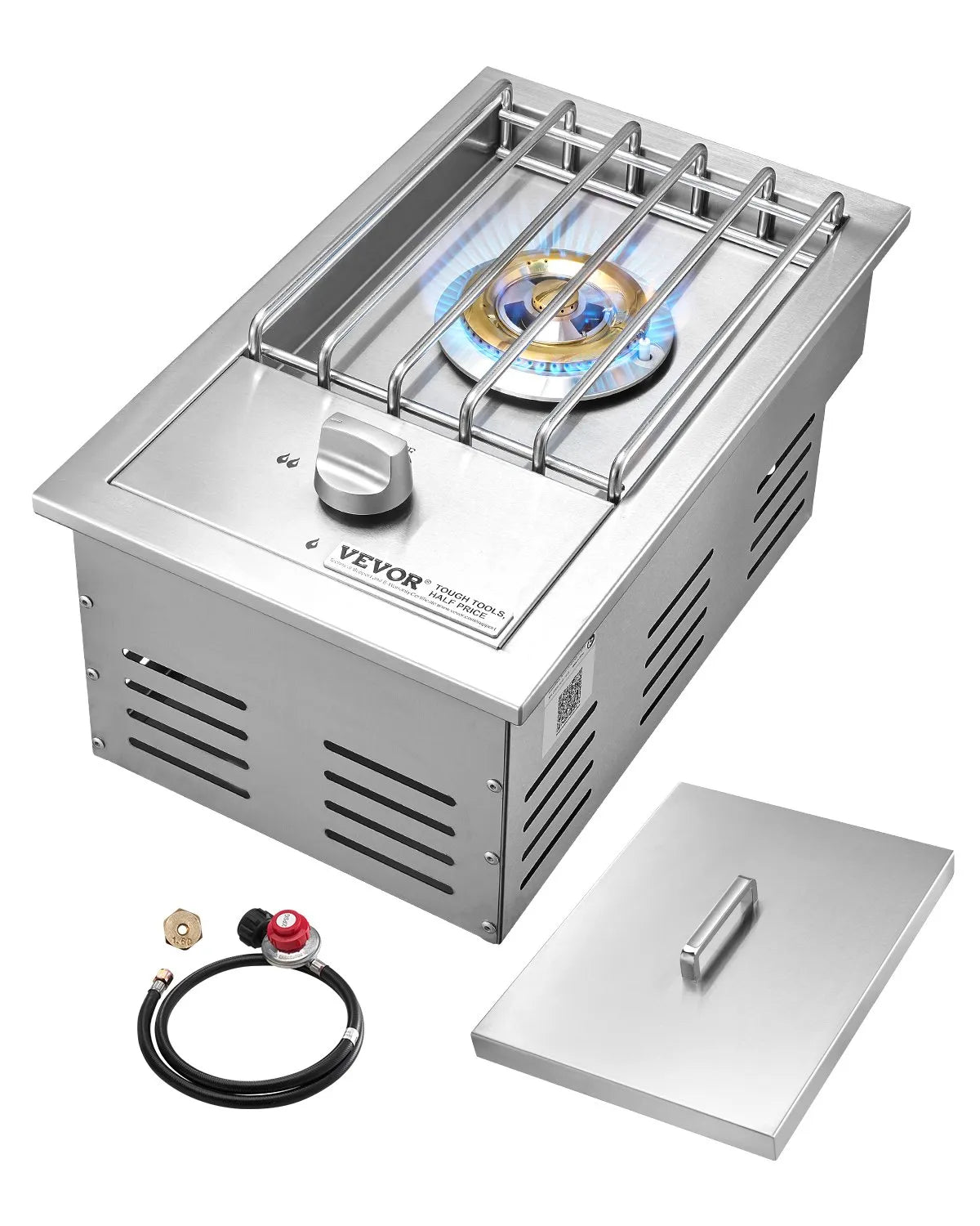 VEVOR Single Grilling Side Burner, 15,000BTU Liquid Propane Side Burner for Outdoor Kitchen, Convertible to Natural Gas, 304 Stainless Steel Built-in Single Grill Burners for BBQ Grill Island