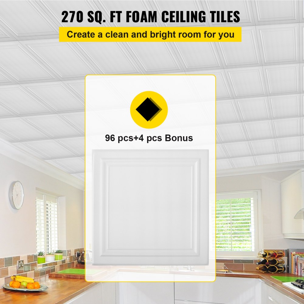 VEVOR Foam Ceiling Tiles, 19.7" x 19.7" Glue-up Ceiling Tiles, 96 pcs Lightweight Ceiling Tiles, 270 sq. ft Paintable Ceiling Tiles, 1/5" Thick Lay-in Ceiling Tile Pack for Roof and Wall Decoration