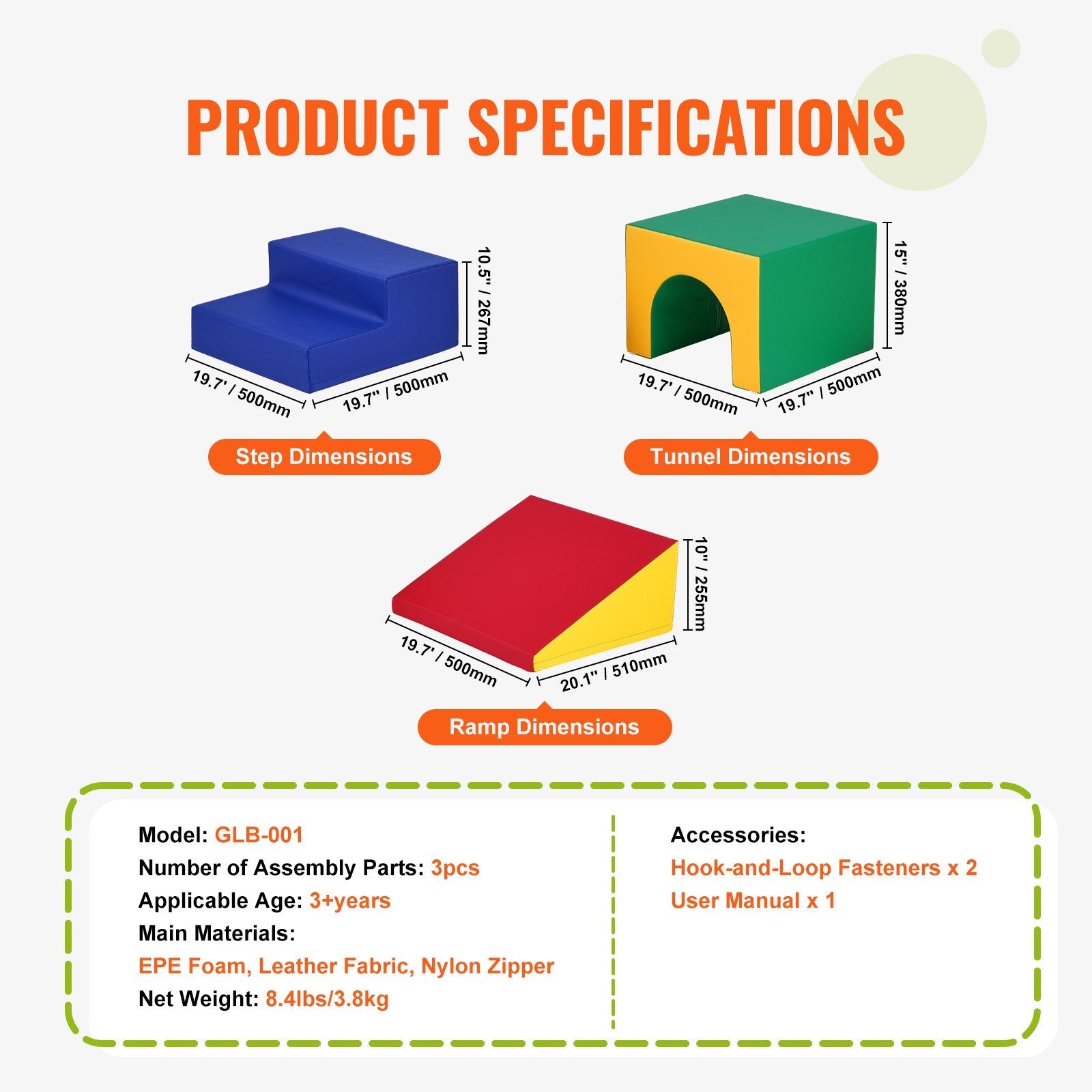 VEVOR Single Tunnel Climber, Toddler Playset, Foam Climbing Blocks for Toddlers, Kids Tunnel Maze with Stairs and Ramp, Indoor for Toddlers and Preschoolers Easy to Clean, 3 pcs (Assorted)