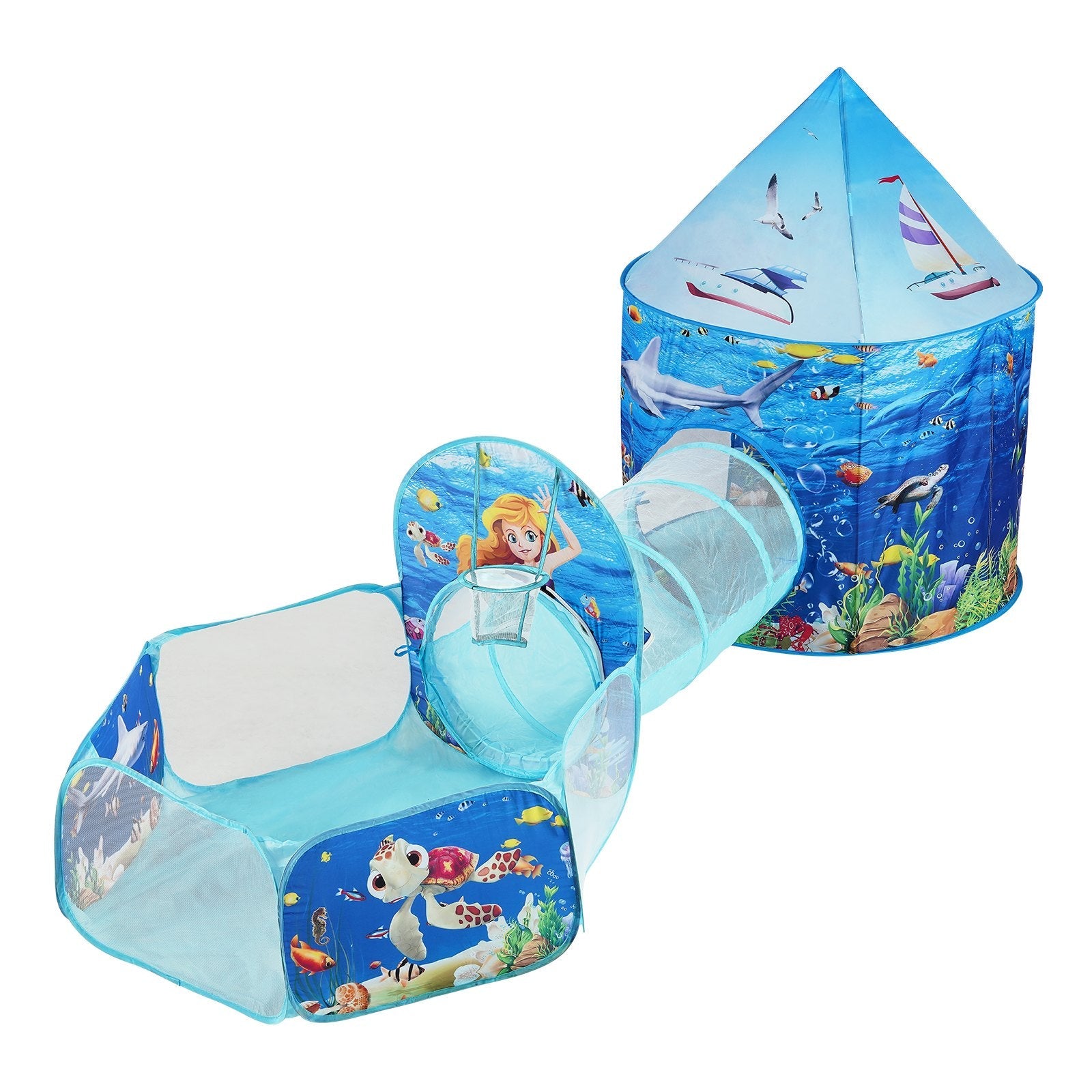 VEVOR 3 in 1 Kids Play Tent with Tunnel, Basketball Hoop for Boys, Girls, Babies and Toddlers, Indoor/Outdoor Pop Up Playhouse with Carrying Bag & Banding Straps Birthday Gifts, Blue Ocean