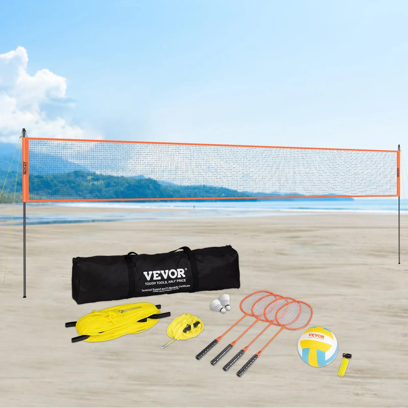 VEVOR Volleyball and Badminton Set, Outdoor Portable Badminton Net, Adjustable Height Steel Poles, Professional Combo Set with PVC Volleyball, Pump, Carrying Bag, Easy Setup for Backyard Beach Lawn