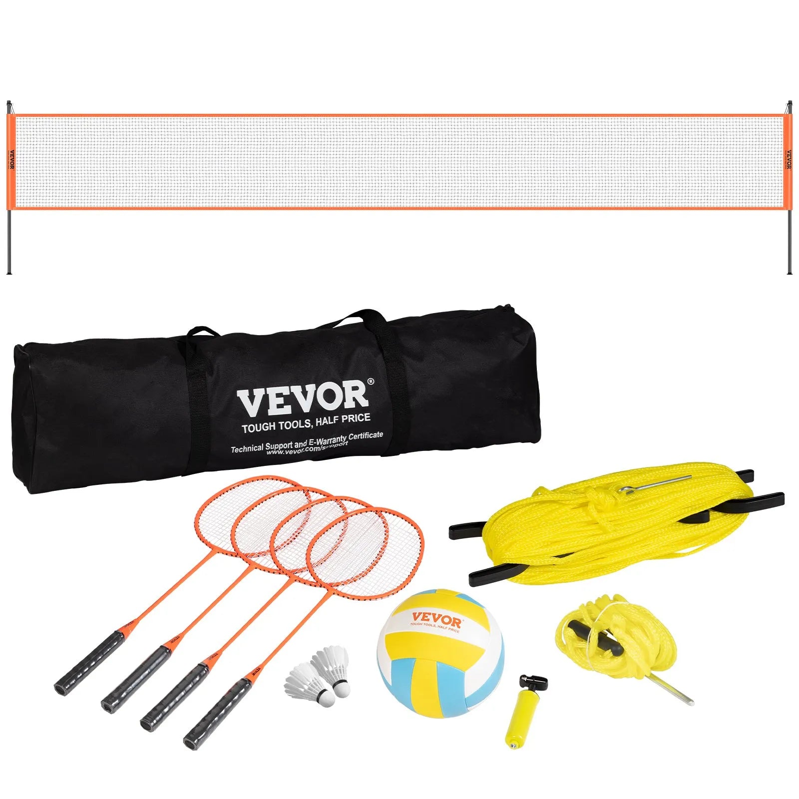 VEVOR Volleyball and Badminton Set, Outdoor Portable Badminton Net, Adjustable Height Steel Poles, Professional Combo Set with PVC Volleyball, Pump, Carrying Bag, Easy Setup for Backyard Beach Lawn