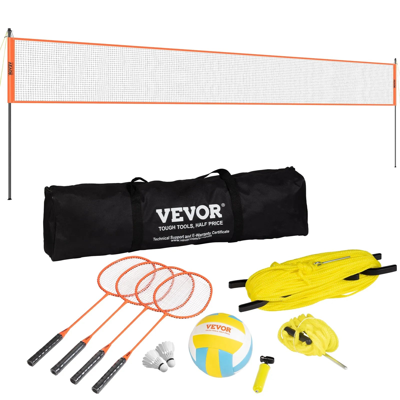 VEVOR Volleyball and Badminton Set, Outdoor Portable Badminton Net, Adjustable Height Steel Poles, Professional Combo Set with PVC Volleyball, Pump, Carrying Bag, Easy Setup for Backyard Beach Lawn