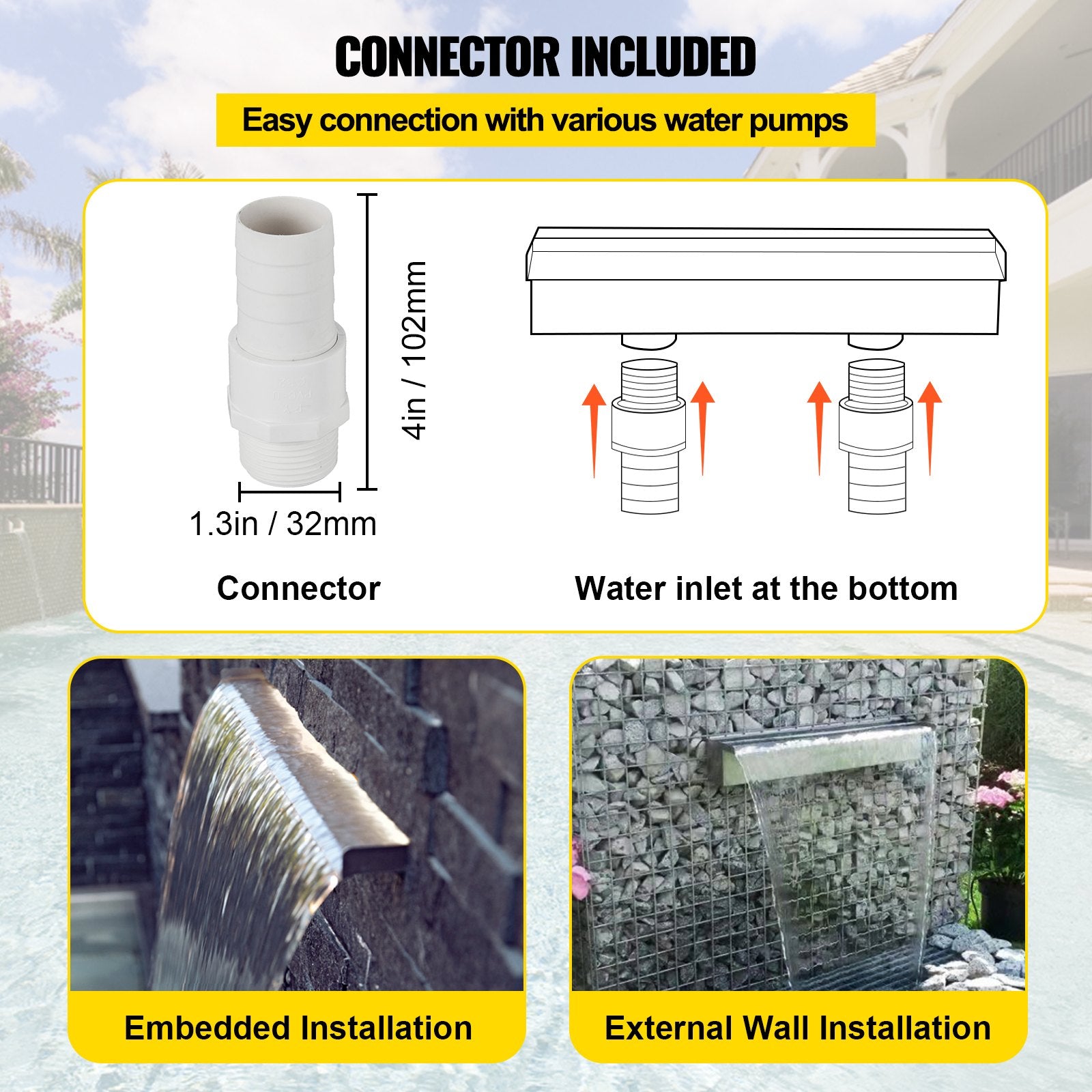 VEVOR Pool Fountain Stainless Steel Pool Waterfall 59.4" x 4.5" x 3.1"(W x D x H) Waterfall Spillway Rectangular Garden Outdoor