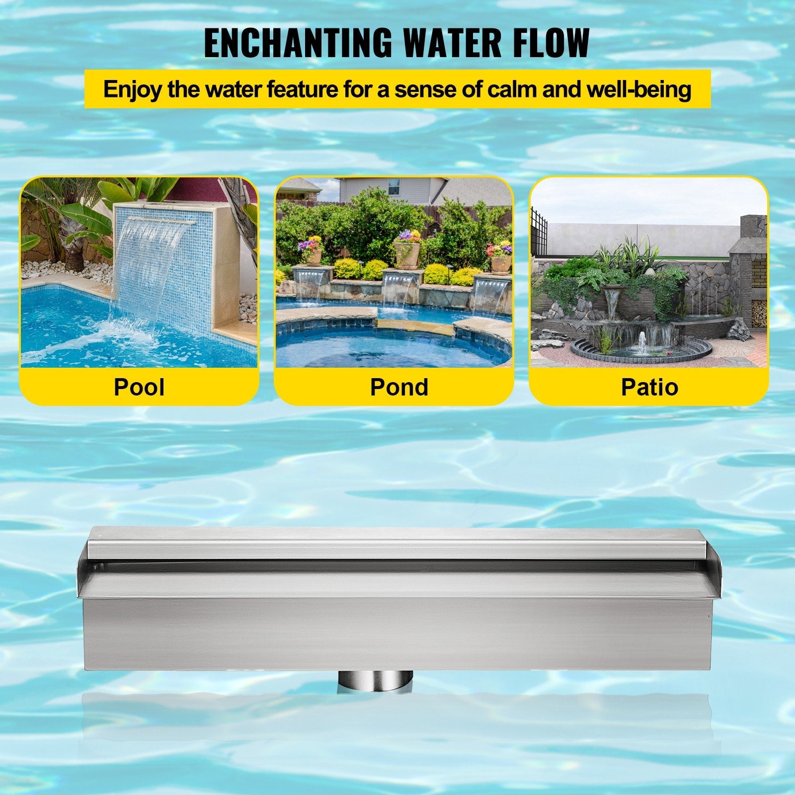 VEVOR Patiolife Pool Fountain Stainless Steel Pool Waterfall 11.8" x 4.5" x 3.1"(W x D x H) Waterfall Spillway Rectangular Garden Outdoor