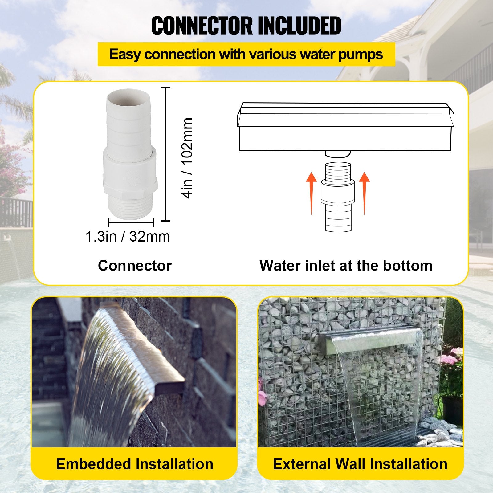 VEVOR Patiolife Pool Fountain Stainless Steel Pool Waterfall 11.8" x 4.5" x 3.1"(W x D x H) Waterfall Spillway Rectangular Garden Outdoor