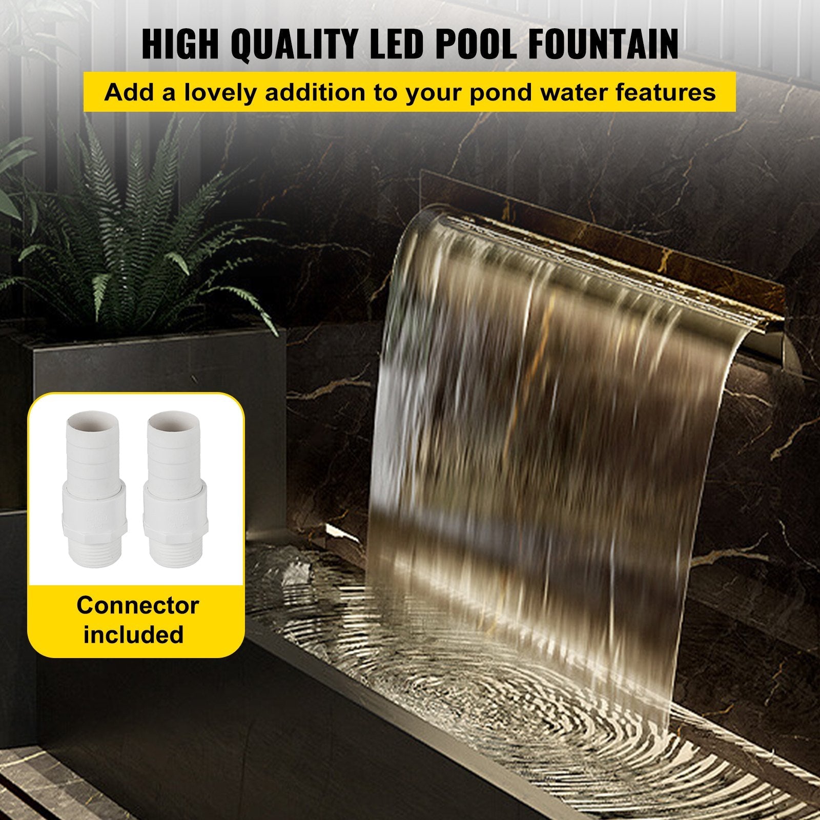 23.6" x 4.5" x 3.1" Stainless Steel Decorative Waterfall Pool Fountain With LED Strip Light For Garden Pond Indoors And Outdoors