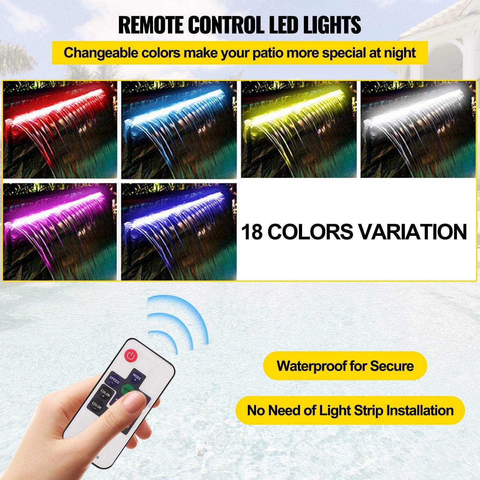 23.6" x 4.5" x 3.1" Stainless Steel Decorative Waterfall Pool Fountain With LED Strip Light For Garden Pond Indoors And Outdoors