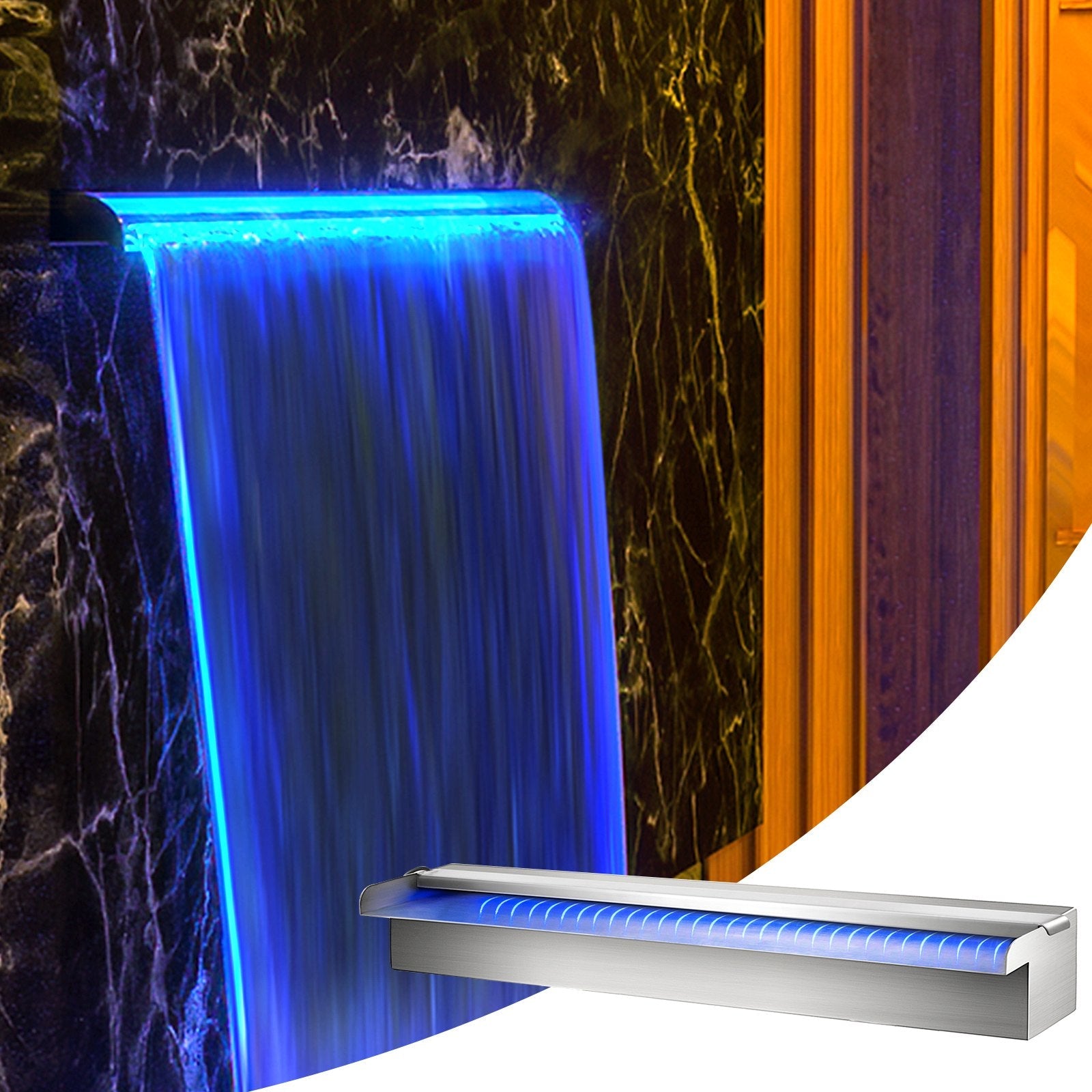 23.6" x 4.5" x 3.1" Stainless Steel Decorative Waterfall Pool Fountain With LED Strip Light For Garden Pond Indoors And Outdoors