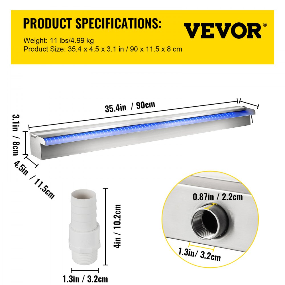 35.4"
x 4.5" x 3.1" Stainless Steel Decorative Waterfall Pool Fountain With
LED Strip Light For Garden Pond Indoors And Outdoors