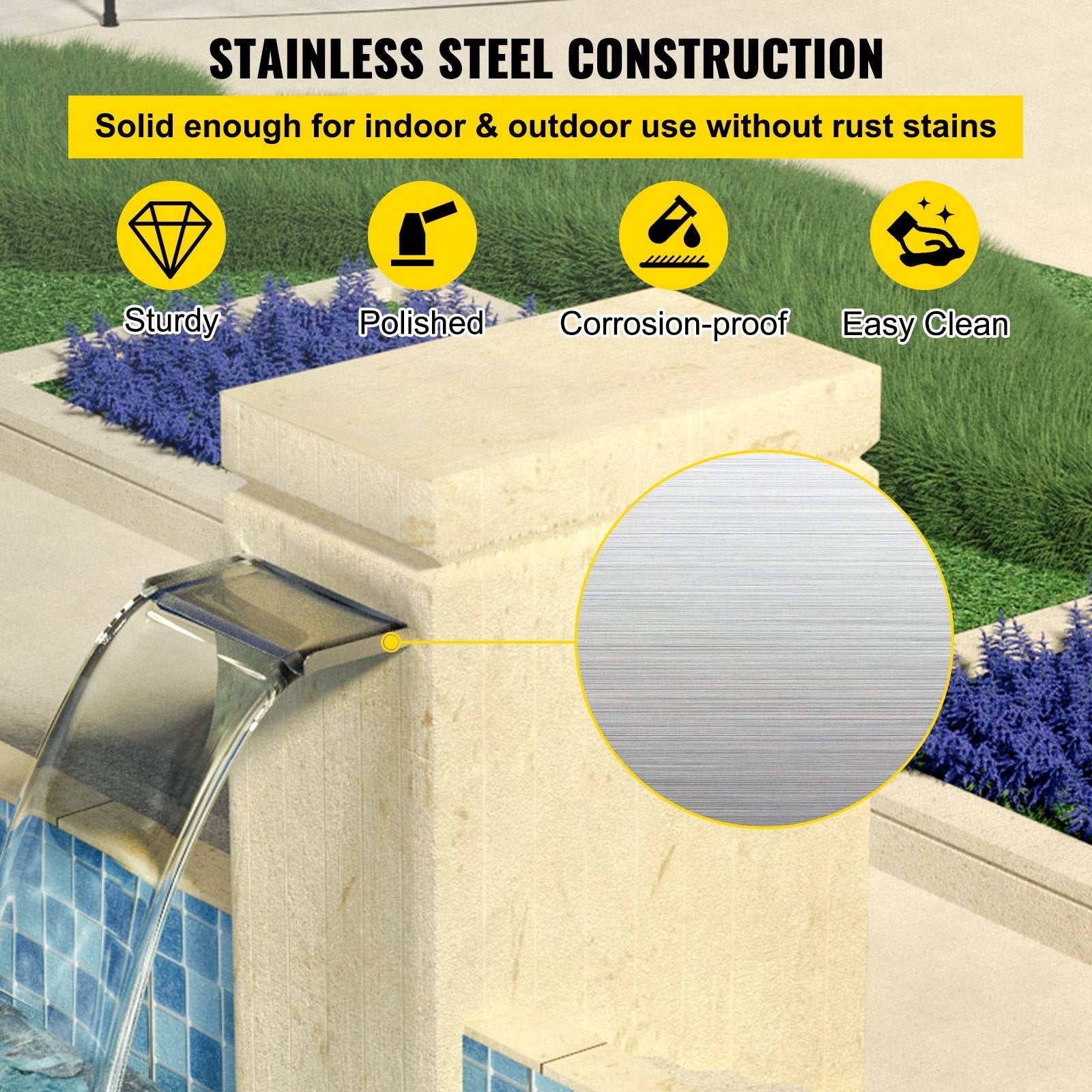 VEVOR Waterfall Blade, 30cm Stainless Steel Waterfall Spillway, Rectangular Waterfall Pool Fountain, Cascade Blade with Connector, Hose, Clamp & PTFE Tape, Water Blade for Koi Fish Pond, Water Feature
