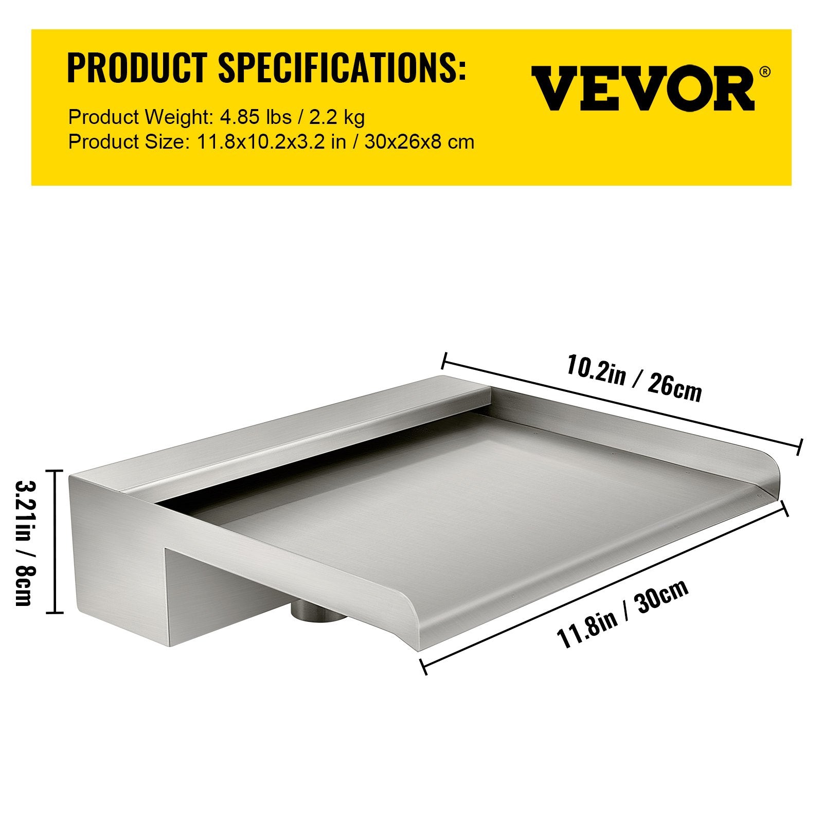 VEVOR Waterfall Blade, 30cm Stainless Steel Waterfall Spillway, Rectangular Waterfall Pool Fountain, Cascade Blade with Connector, Hose, Clamp & PTFE Tape, Water Blade for Koi Fish Pond, Water Feature