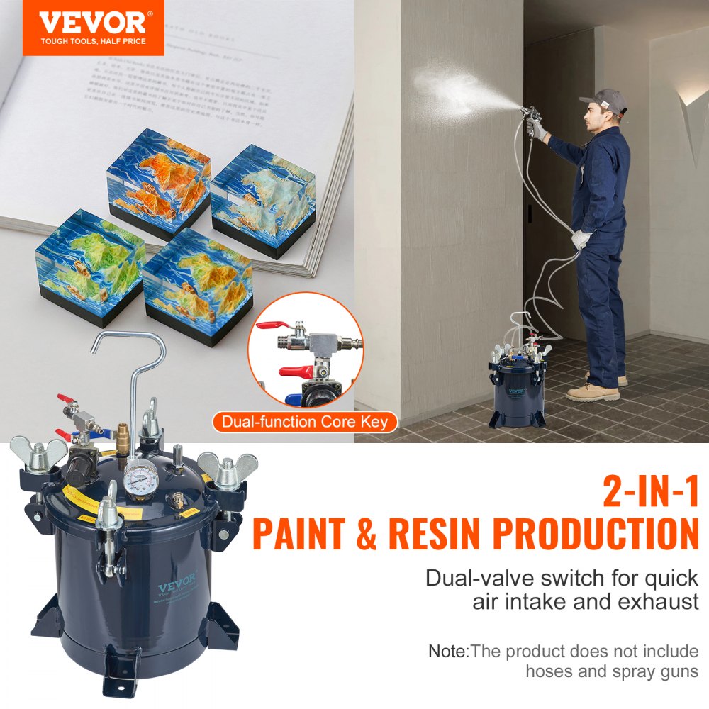 VEVOR 10L/2.5gal Spray Paint Pressure Pot Tank, 70PSI Max Air Paint Pressure Pot, Metal Rack and Leak Repair Sealant for Industry Home Decor Architecture Construction Automotive Painting