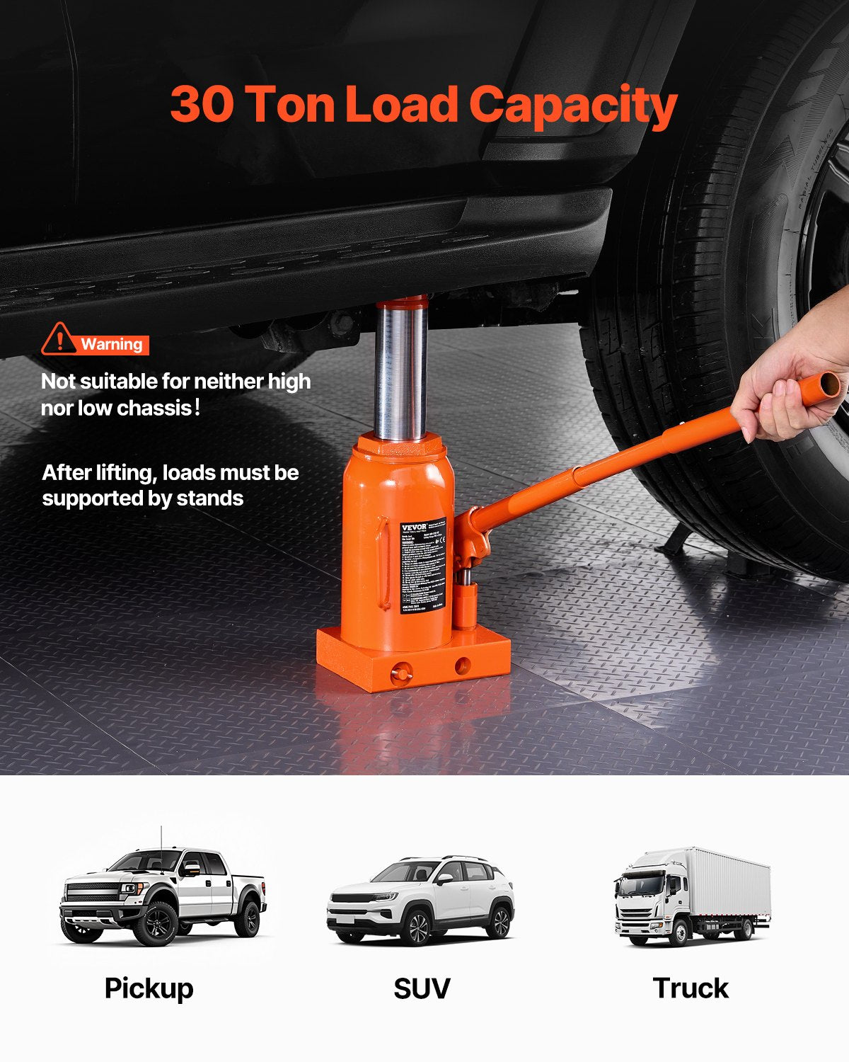 VEVOR Hydraulic Bottle Jack 30 Ton Manual High Lift Automotive Car Repair Shop