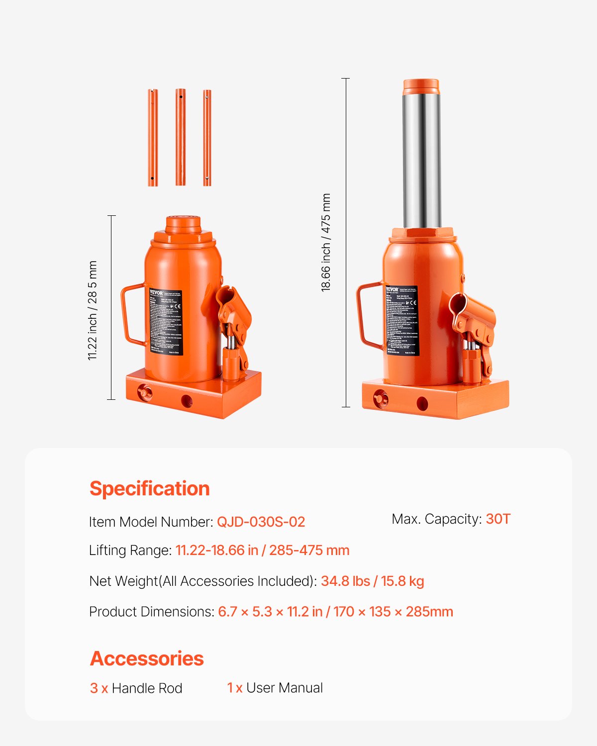 VEVOR Hydraulic Bottle Jack 30 Ton Manual High Lift Automotive Car Repair Shop