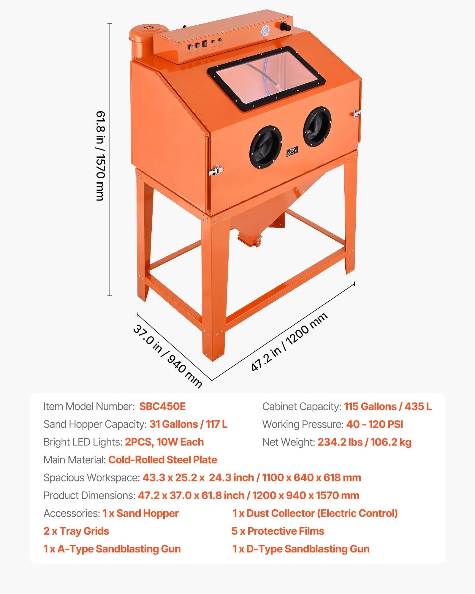 VEVOR 115 Gallon Sandblasting Cabinet, Heavy Duty Steel Sand Blasting Cabinet with 31-Gallon Media Hopper, Dual Blasting Guns & 1.6HP Dust Collector for Oversized Parts Surface Finishing, Rust Removal