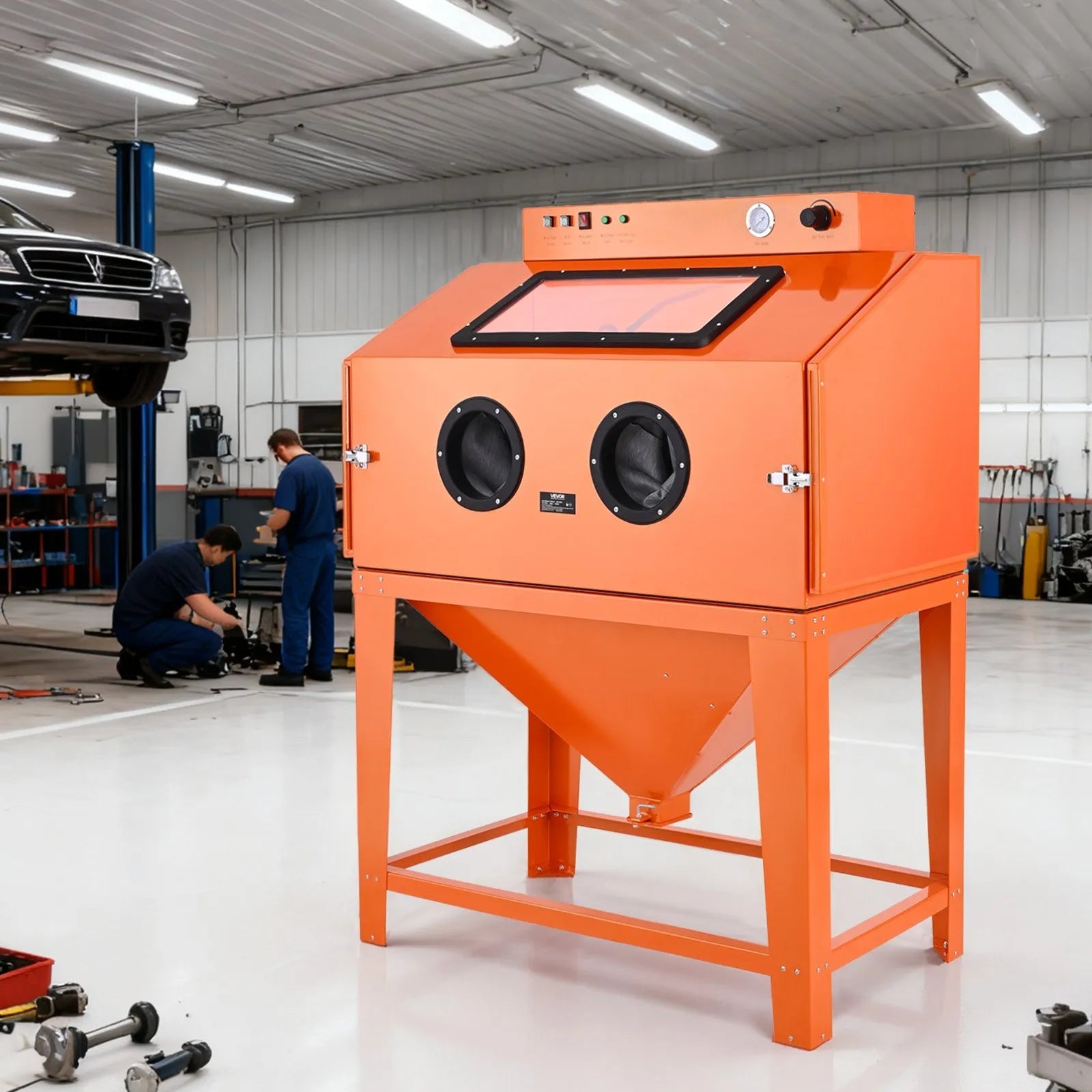 VEVOR 115 Gallon Sandblasting Cabinet, Heavy Duty Steel Sand Blasting Cabinet with 31-Gallon Media Hopper, Dual Blasting Guns & 1.6HP Dust Collector for Oversized Parts Surface Finishing, Rust Removal