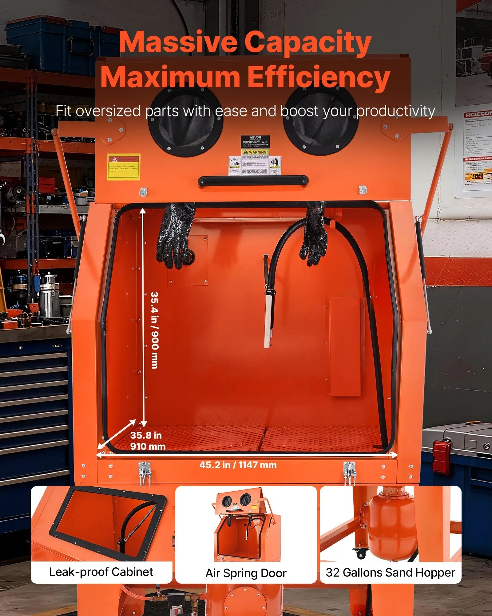 VEVOR 245 Gallon Sandblasting Cabinet with Pressurized Tank, Heavy Duty Steel Sand Blasting Cabinet on Wheels - with 32 Gallon Media Hopper & 1.6HP Dust Collector for Oversized Parts Surface Finishing