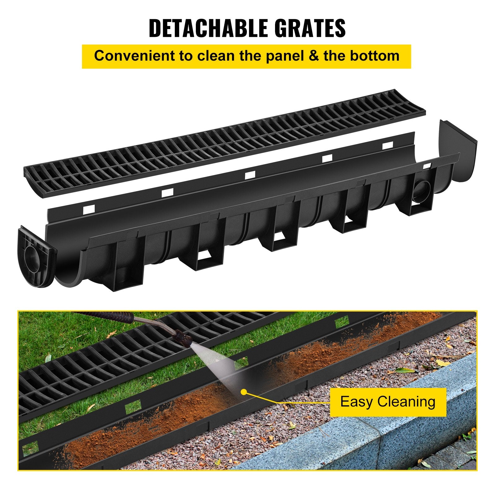 VEVOR Trench Drain System, Channel Drain with Plastic Grate, 5.8x5.2-Inch HDPE Drainage Trench, Black Plastic Garage Floor Drain, 6x39" Trench Drain Grate, With 6 End Caps, For Garden, Driveway-6 Pack
