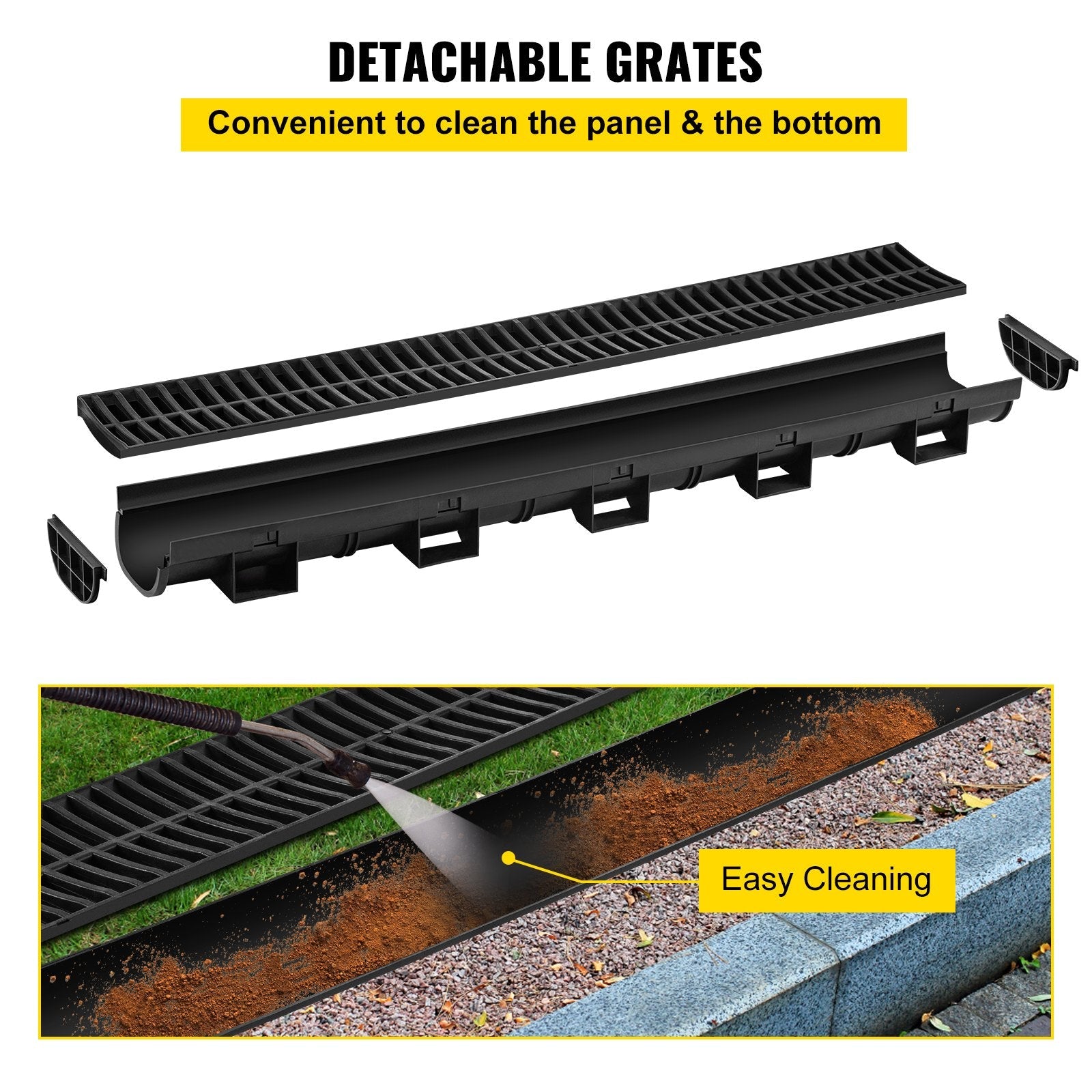 VEVOR Trench Drain System, Channel Drain with Plastic Grate, 5.8x3.1-Inch HDPE Drainage Trench, Black Plastic Garage Floor Drain, 5x39" Trench Drain Grate, With 5 End Caps, For Garden, Driveway-5 Pack