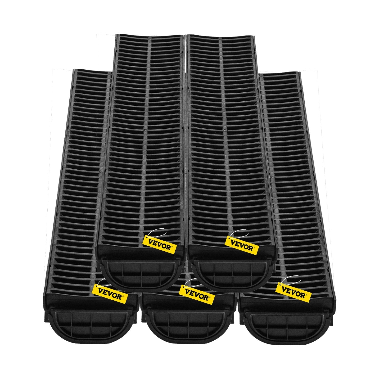 VEVOR Trench Drain System, Channel Drain with Plastic Grate, 5.8x3.1-Inch HDPE Drainage Trench, Black Plastic Garage Floor Drain, 5x39" Trench Drain Grate, With 5 End Caps, For Garden, Driveway-5 Pack