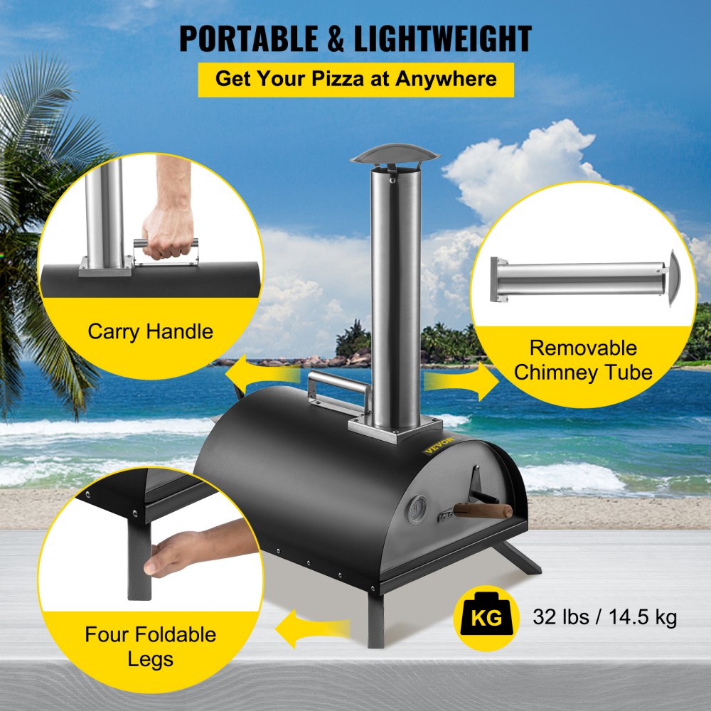 VEVOR Wood Fired Oven 12" Portable Pizza Oven with Feeding Port Pizza Oven Outdoor 932?Max Temperature Stainless Steel Portable Wood Fired Pizza Oven with Complete Accessories for Outdoor Cooking