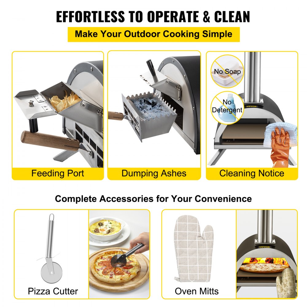 VEVOR Wood Fired Oven 12" Portable Pizza Oven with Feeding Port Pizza Oven Outdoor 932?Max Temperature Stainless Steel Portable Wood Fired Pizza Oven with Complete Accessories for Outdoor Cooking