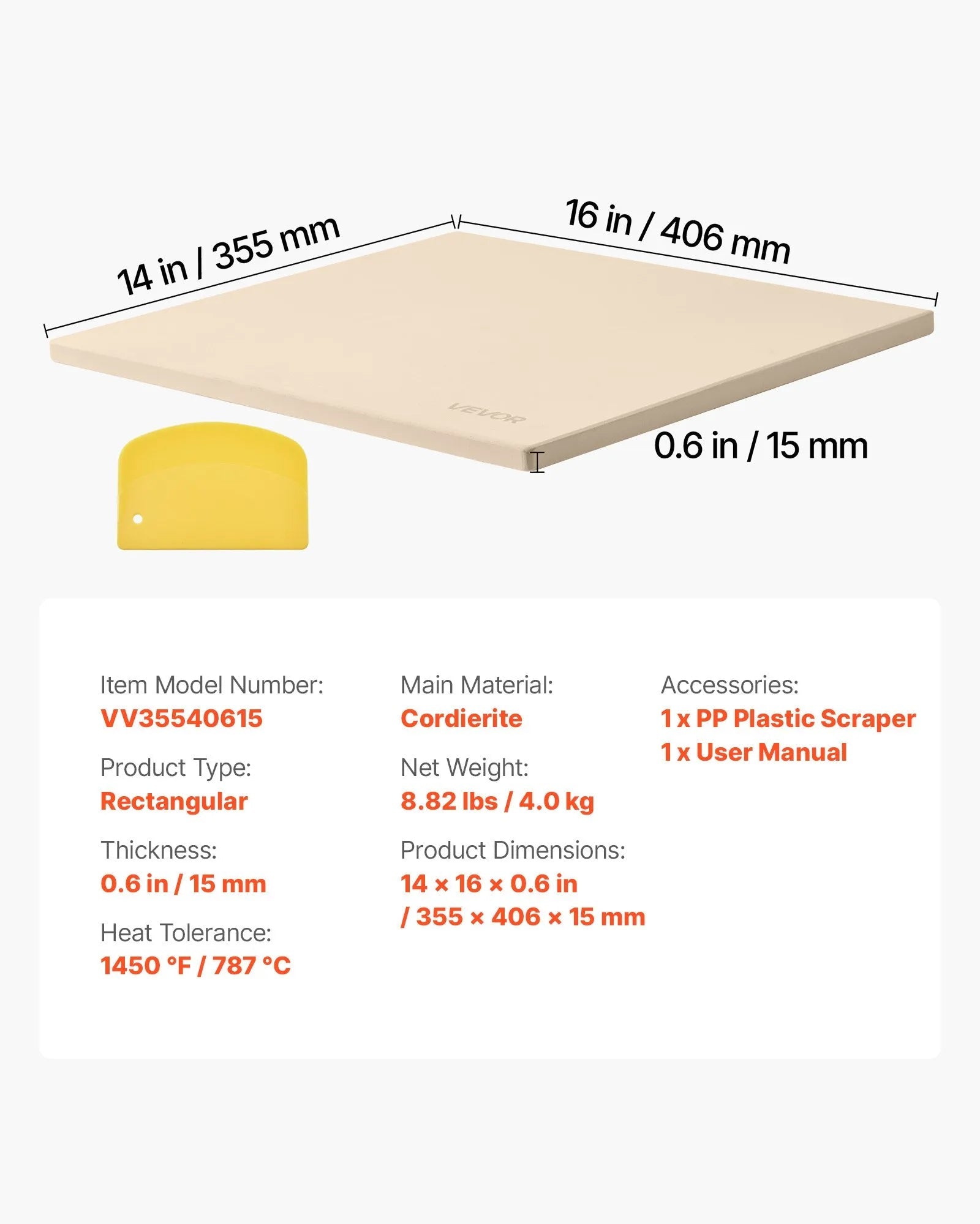 VEVOR Pizza Stone, 16 x 14 in Rectangular Cordierite Pizza Stone, Extra Large Baking-Stone with Scraper, 0.6 in Thick Heat-Resistant Cordierite, for Kitchen Oven, Baking Bread & Pizzas, BBQ Grilling